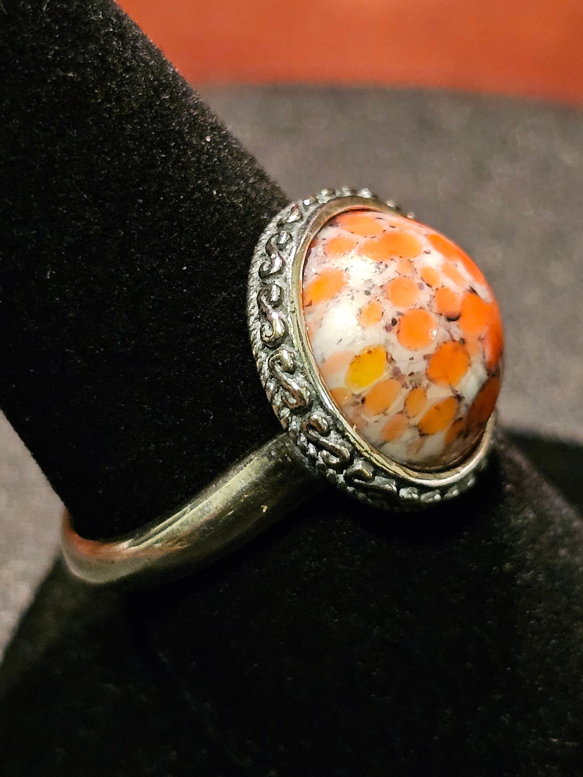 Cadmium Glass "Lava" Ring Adjustable size in new Sterling Silver with large vintage Cadmium glass round cut stone glows under black/UV light