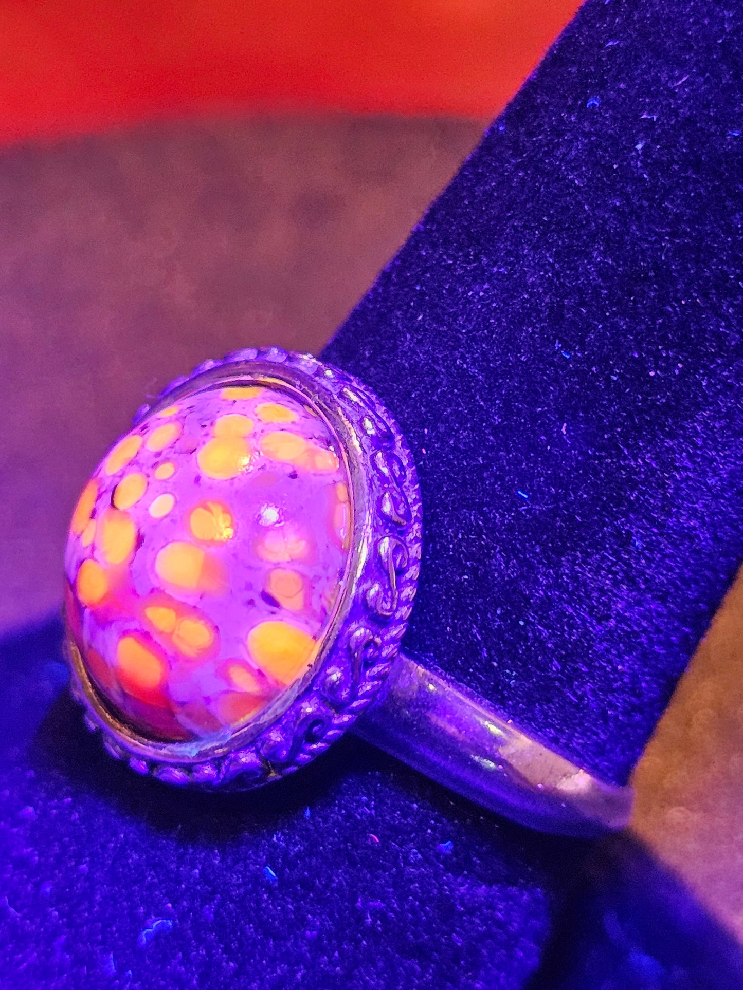 Cadmium Glass "Lava" Ring Adjustable size in new Sterling Silver with large vintage Cadmium glass round cut stone glows under black/UV light