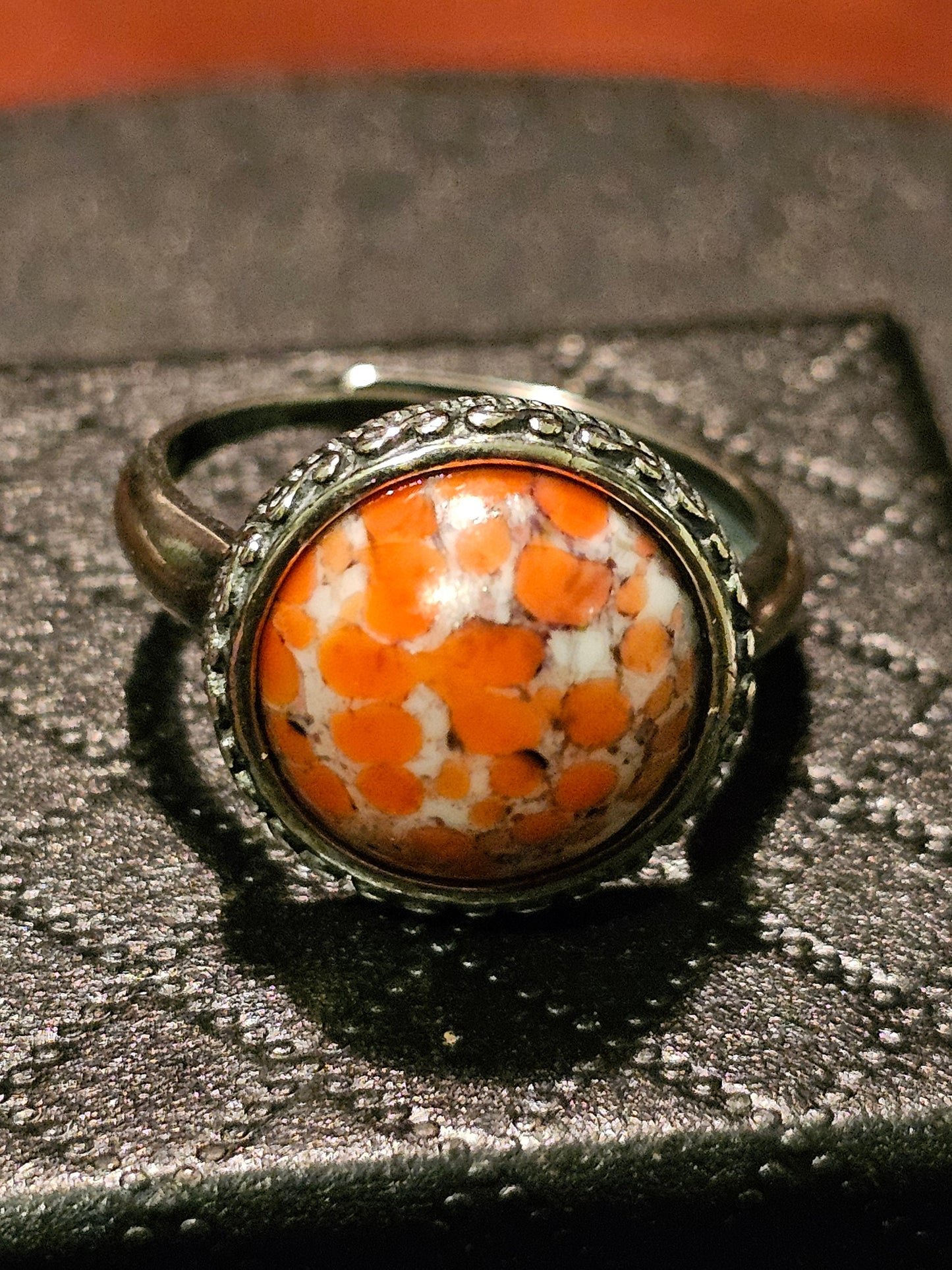 Cadmium Glass "Lava" Ring Adjustable size in new Sterling Silver with large vintage Cadmium glass round cut stone glows under black/UV light