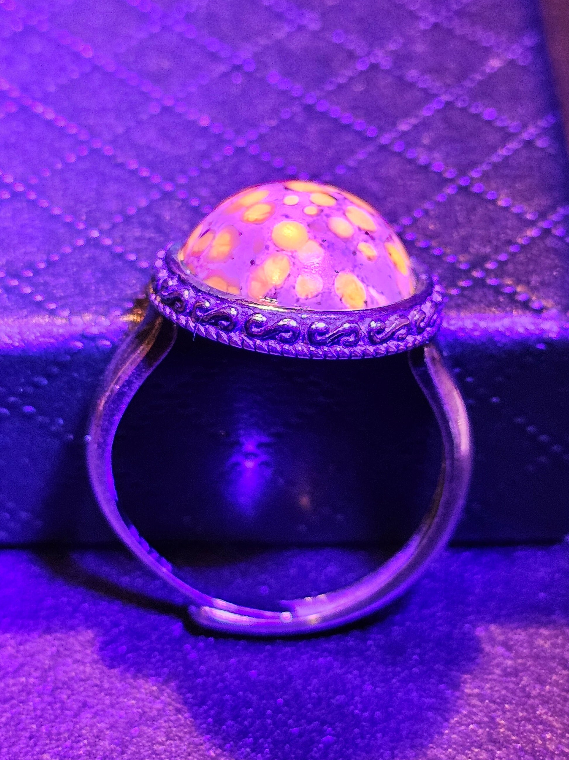 Cadmium Glass "Lava" Ring Adjustable size in new Sterling Silver with large vintage Cadmium glass round cut stone glows under black/UV light