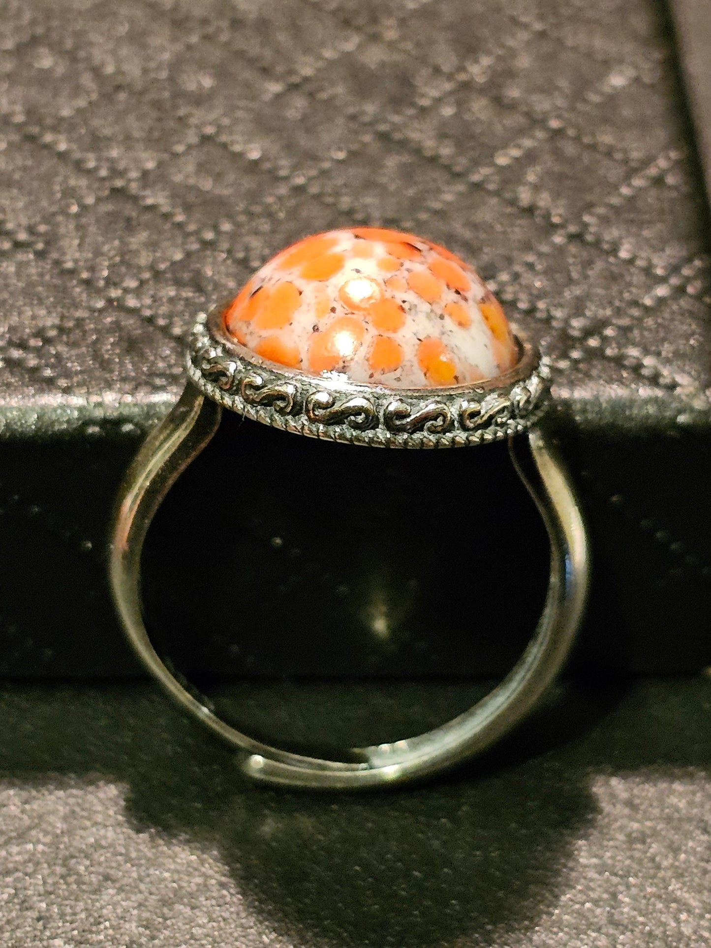 Cadmium Glass "Lava" Ring Adjustable size in new Sterling Silver with large vintage Cadmium glass round cut stone glows under black/UV light