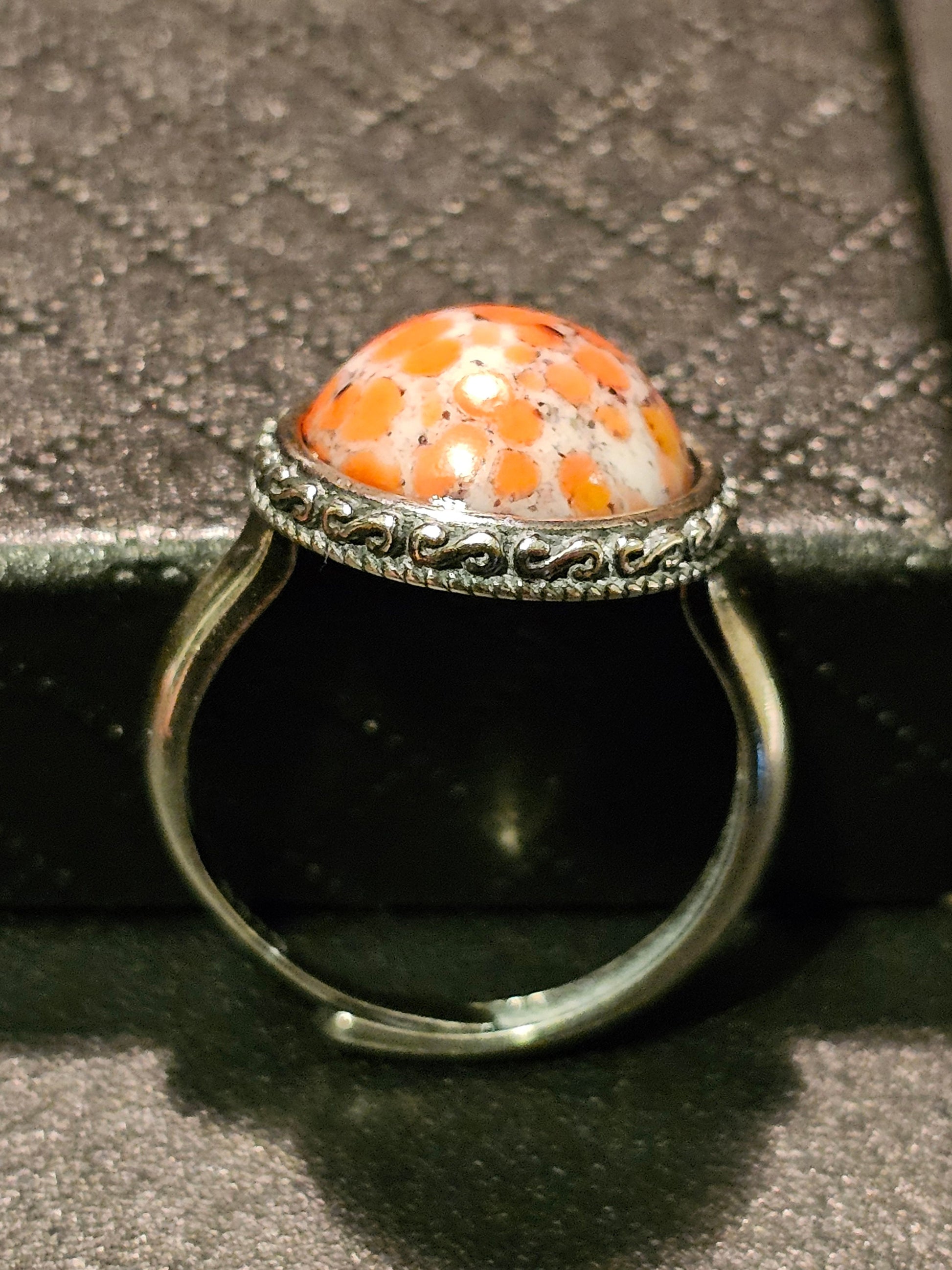 Cadmium Glass "Lava" Ring Adjustable size in new Sterling Silver with large vintage Cadmium glass round cut stone glows under black/UV light