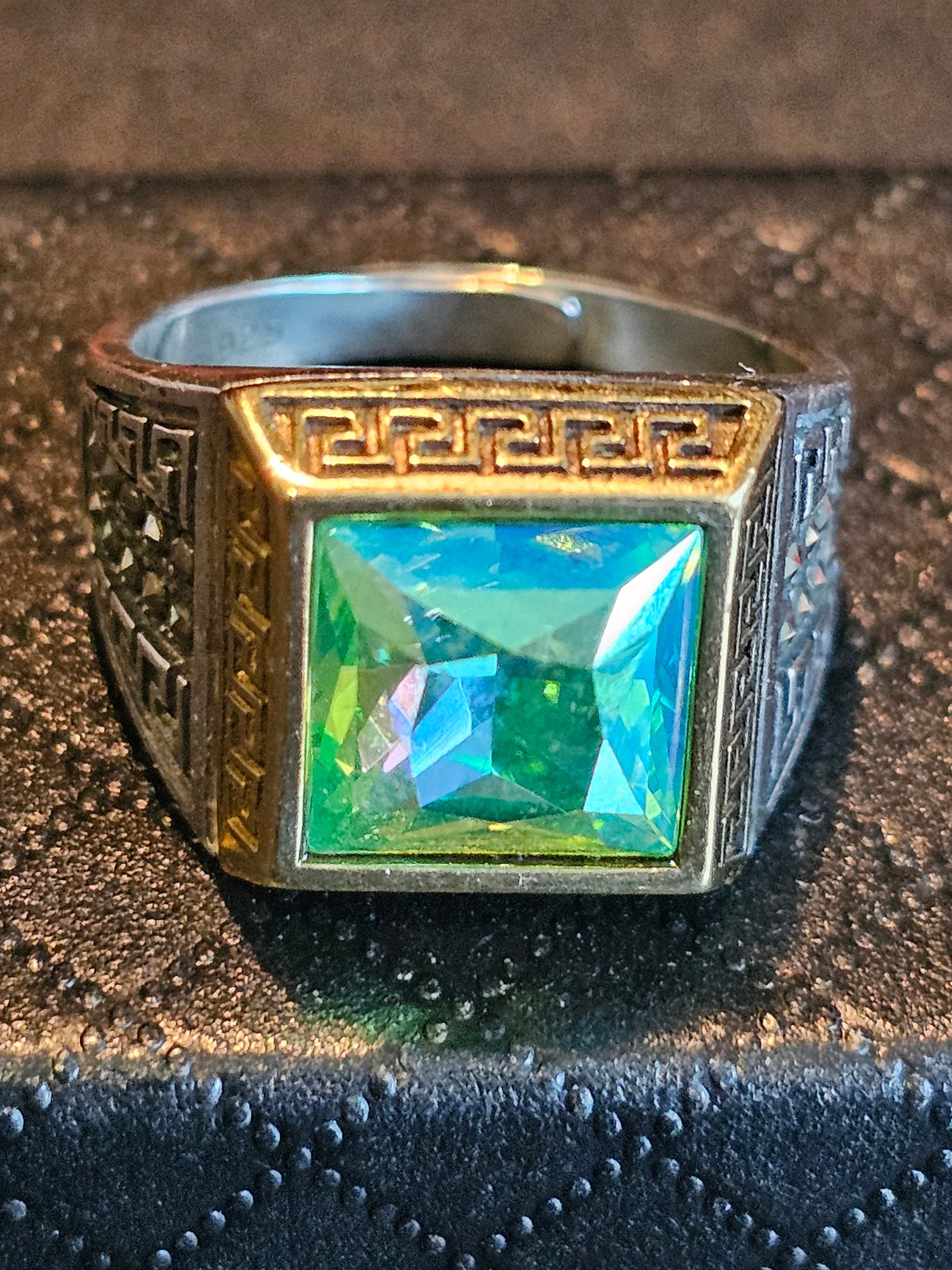 Uranium Glass Men's Ring new Sterling Silver Adjustable with 10x10 mm vintage Uranium glass Square cut stone glows under black / UV light