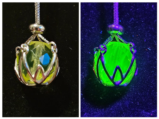 Uranium Glass Pendant new dangling style Sterling Silver with a vintage 12 mm round Uranium Glass bead that glows under black / UV light