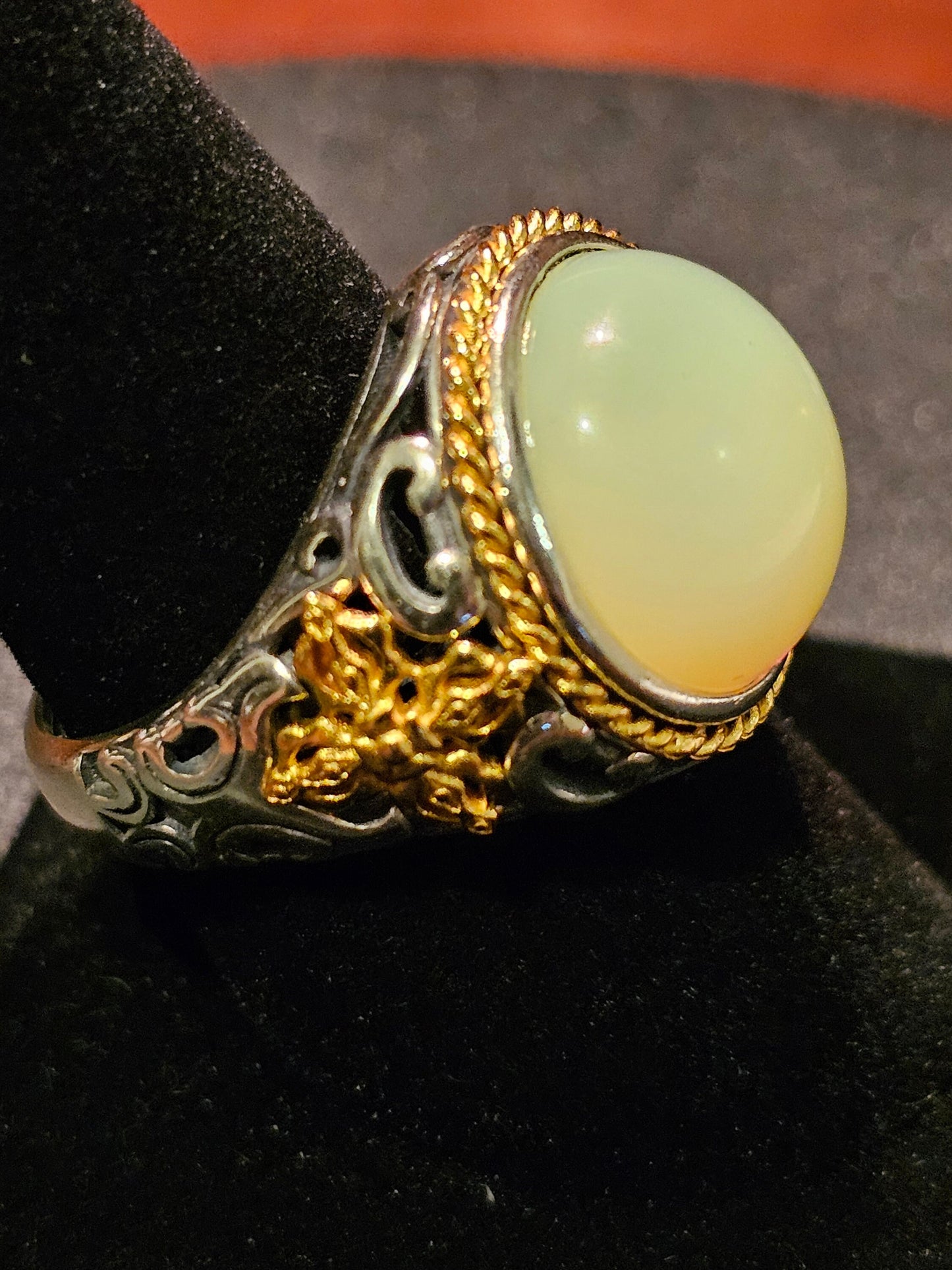 Uranium Glass Men's Ring Adjustable with 15 mm vintage Uranium glass Round cut Cabochon opal colored stone that glows under black / UV light