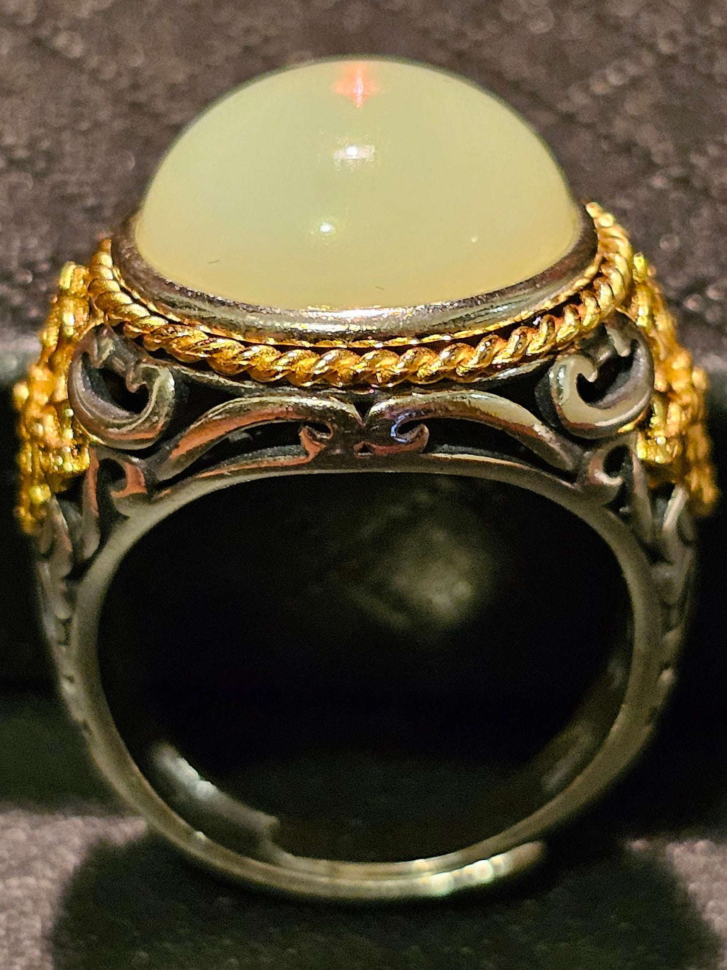 Uranium Glass Men's Ring Adjustable with 15 mm vintage Uranium glass Round cut Cabochon opal colored stone that glows under black / UV light