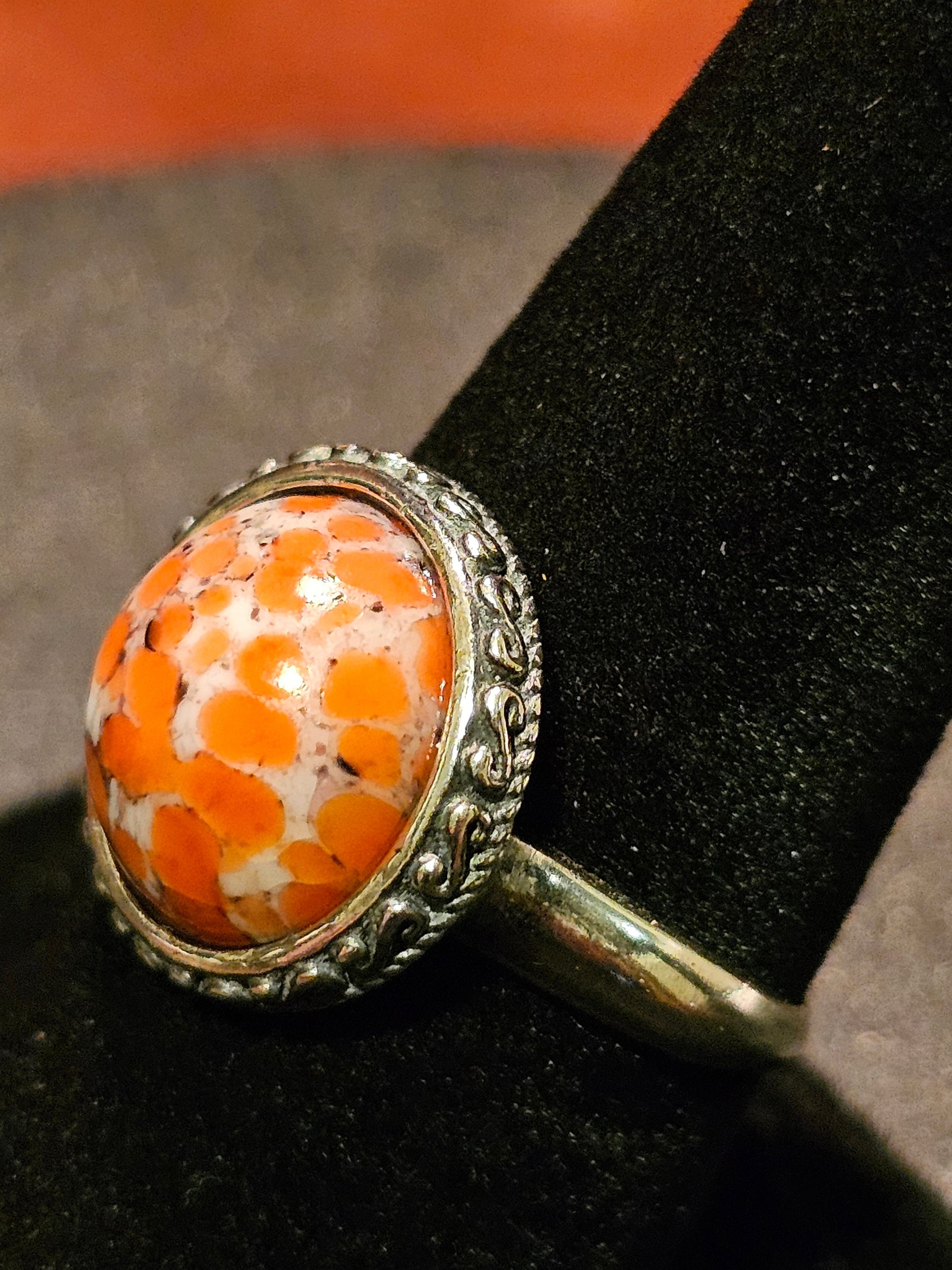 Cadmium Glass "Lava" Ring Adjustable size in new Sterling Silver with large vintage Cadmium glass round cut stone glows under black/UV light