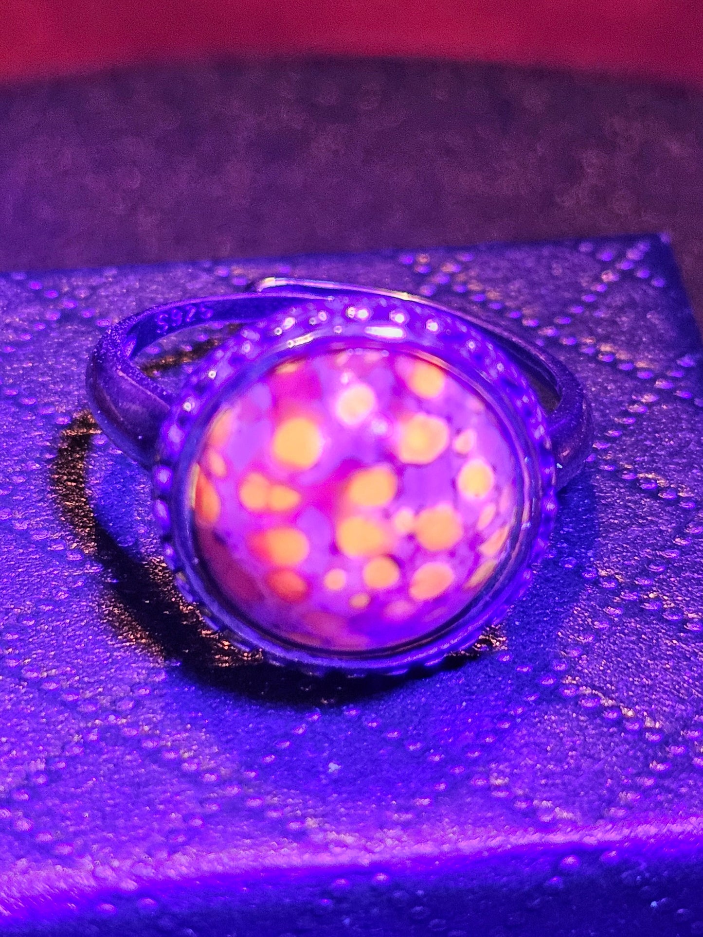 Cadmium Glass "Lava" Ring Adjustable size in new Sterling Silver with large vintage Cadmium glass round cut stone glows under black/UV light