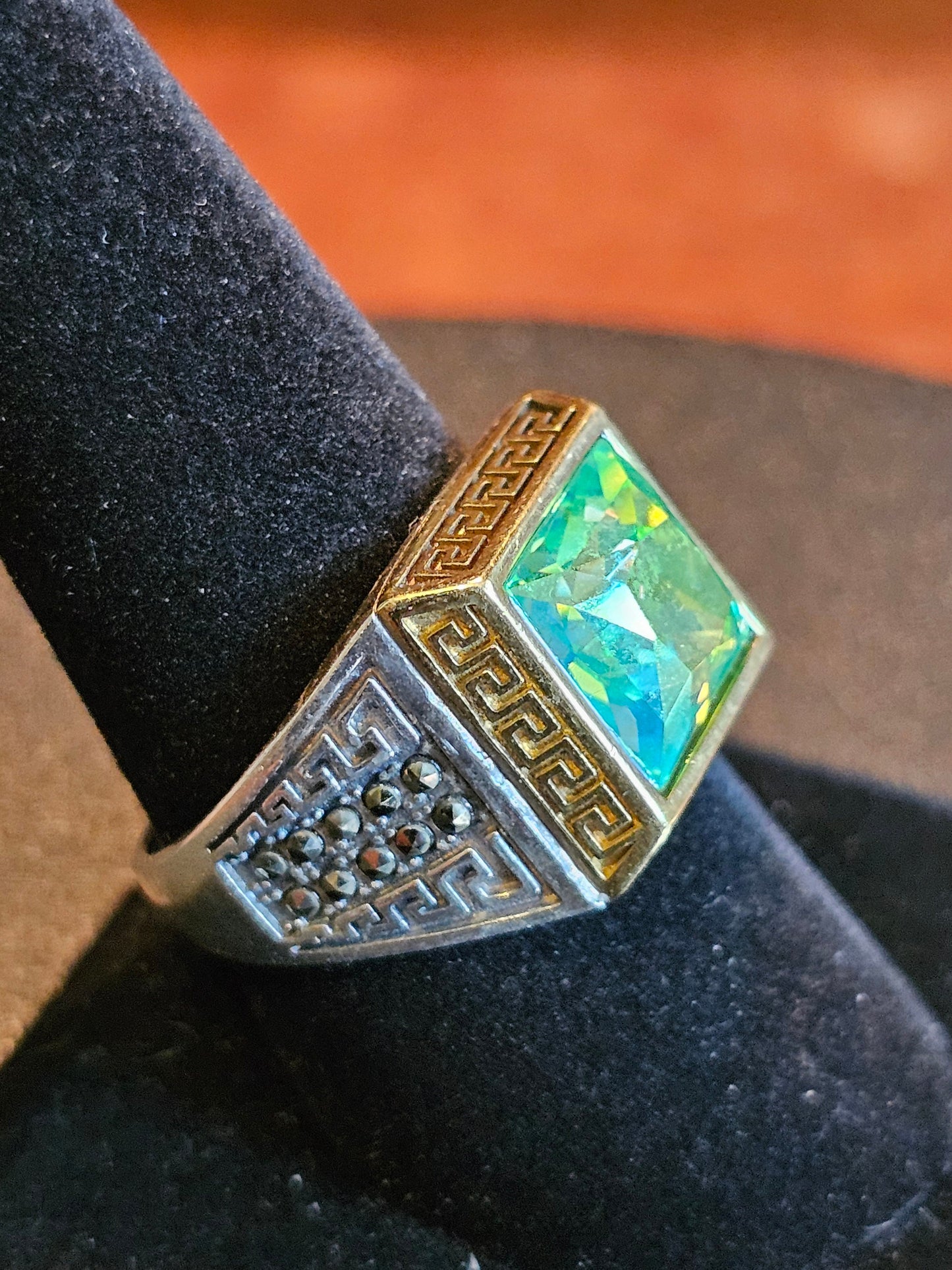 Uranium Glass Men's Ring new Sterling Silver Adjustable with 10x10 mm vintage Uranium glass Square cut stone glows under black / UV light