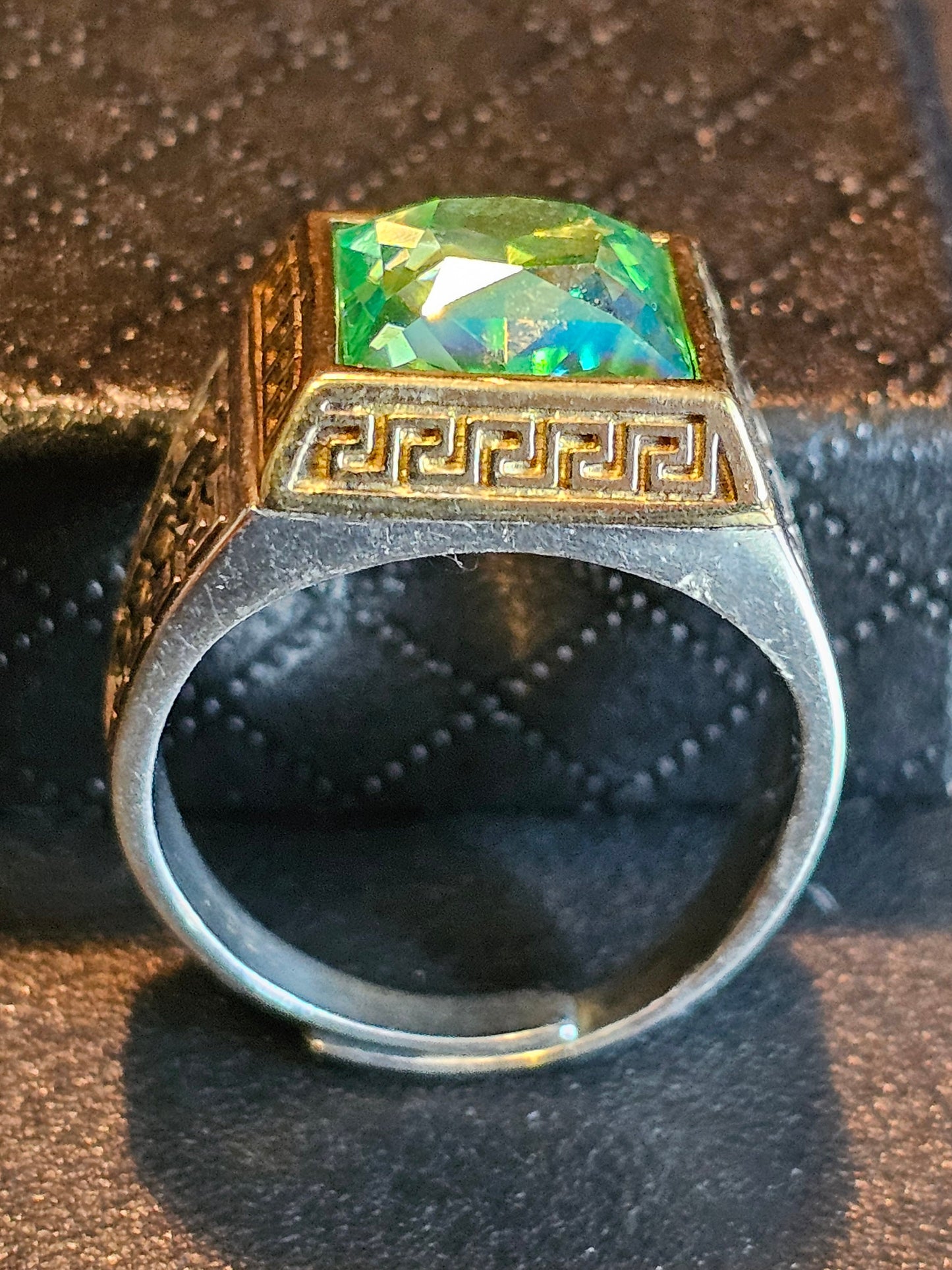 Uranium Glass Men's Ring new Sterling Silver Adjustable with 10x10 mm vintage Uranium glass Square cut stone glows under black / UV light