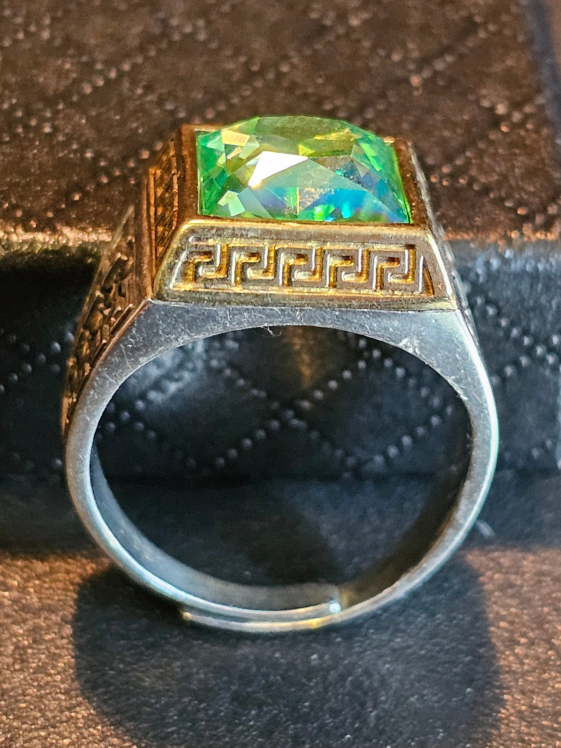 Uranium Glass Men's Ring new Sterling Silver Adjustable with 10x10 mm vintage Uranium glass Square cut stone glows under black / UV light