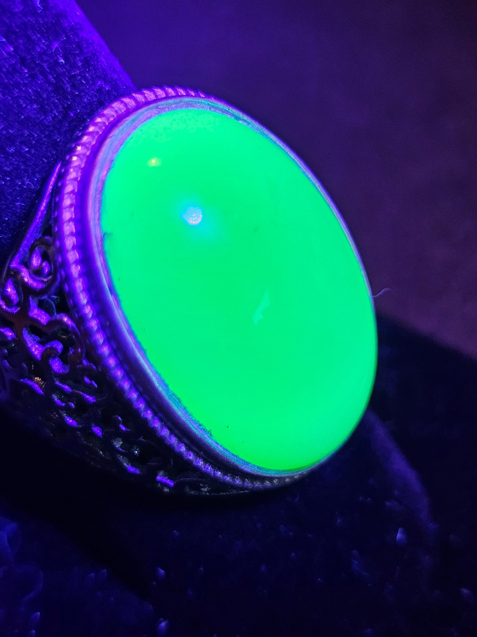 Uranium Glass Men's Ring Adjustable with 25x18 mm vintage Uranium glass Cabochon cut opal colored stone that glows under black / UV light