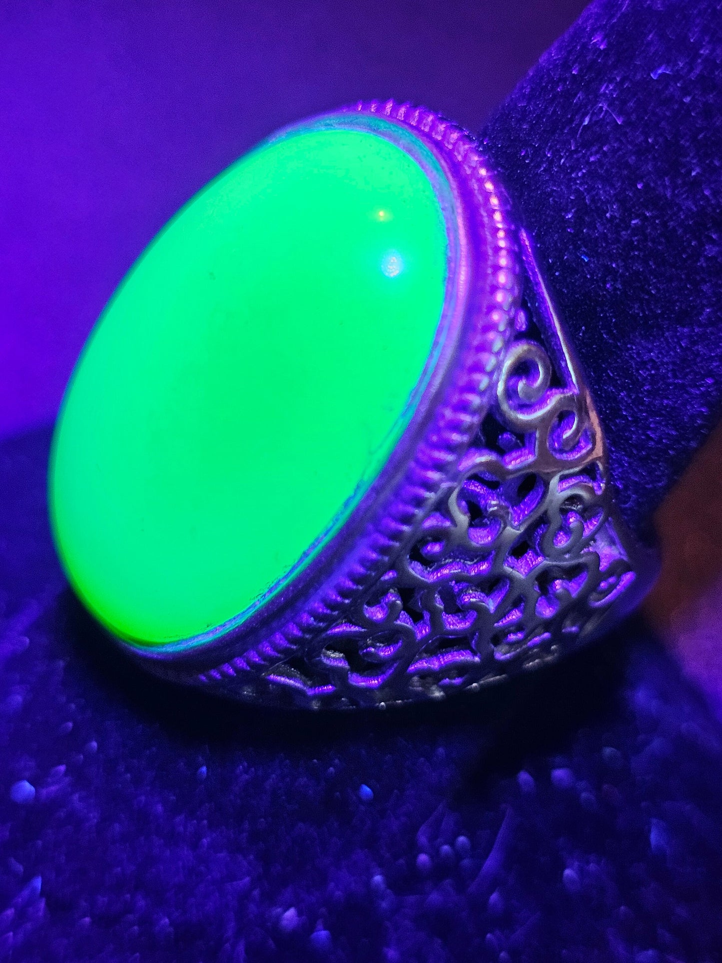 Uranium Glass Men's Ring Adjustable with 25x18 mm vintage Uranium glass Cabochon cut opal colored stone that glows under black / UV light