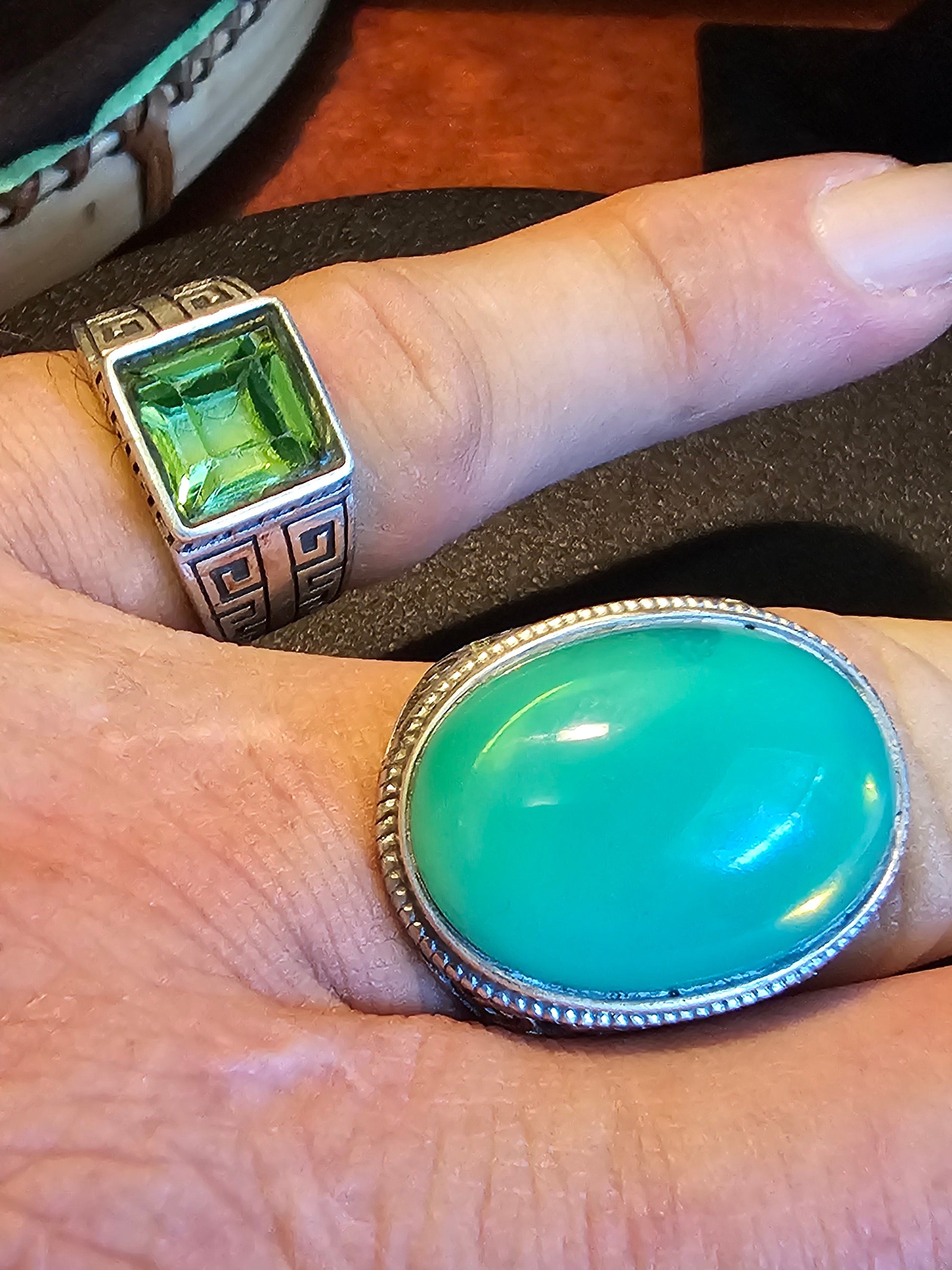 Uranium Glass Men's Ring Adjustable with 25x18 mm vintage Uranium glass Cabochon cut opal colored stone that glows under black / UV light