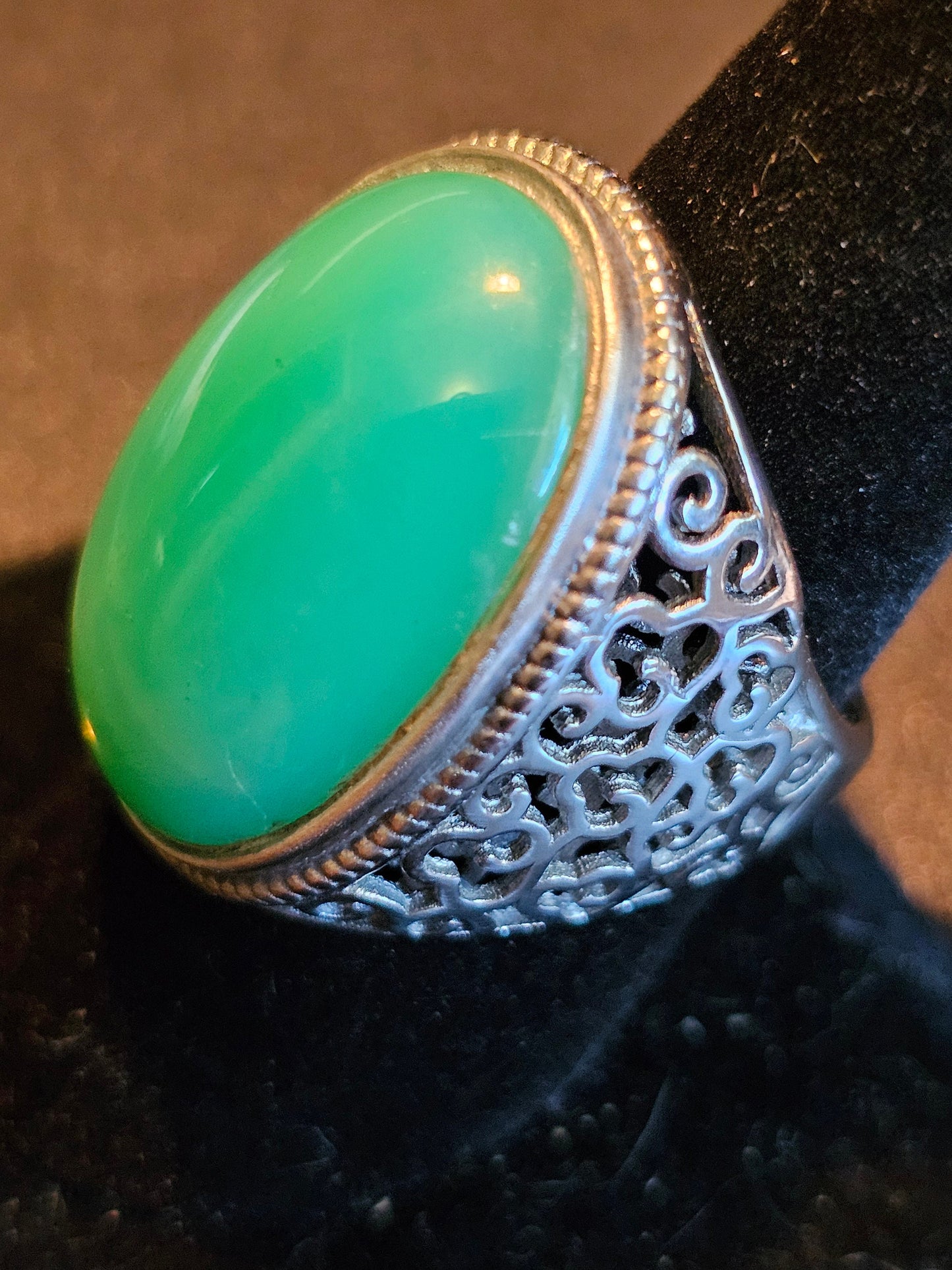 Uranium Glass Men's Ring Adjustable with 25x18 mm vintage Uranium glass Cabochon cut opal colored stone that glows under black / UV light