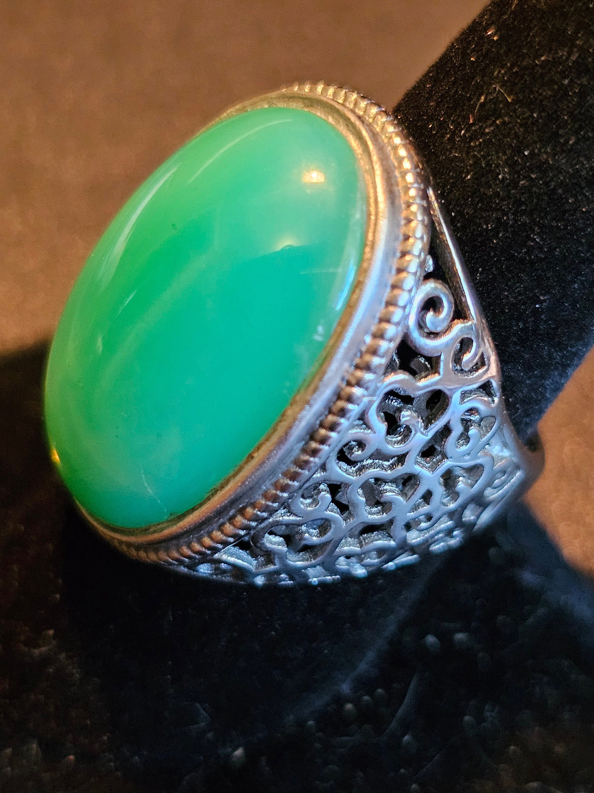 Uranium Glass Men's Ring Adjustable with 25x18 mm vintage Uranium glass Cabochon cut opal colored stone that glows under black / UV light