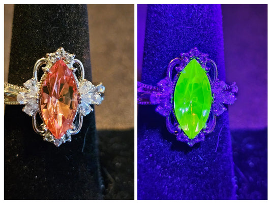 Uranium Glass Marquise cut Ring all sizes Fleur De Lis style Sterling Silver vintage Uranium glass stone that glows under black / UV light