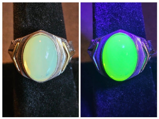 Uranium Glass Men's Ring Adjustable with 14x10 mm vintage Uranium glass Cabochon cut opal colored stone that glows under black / UV light