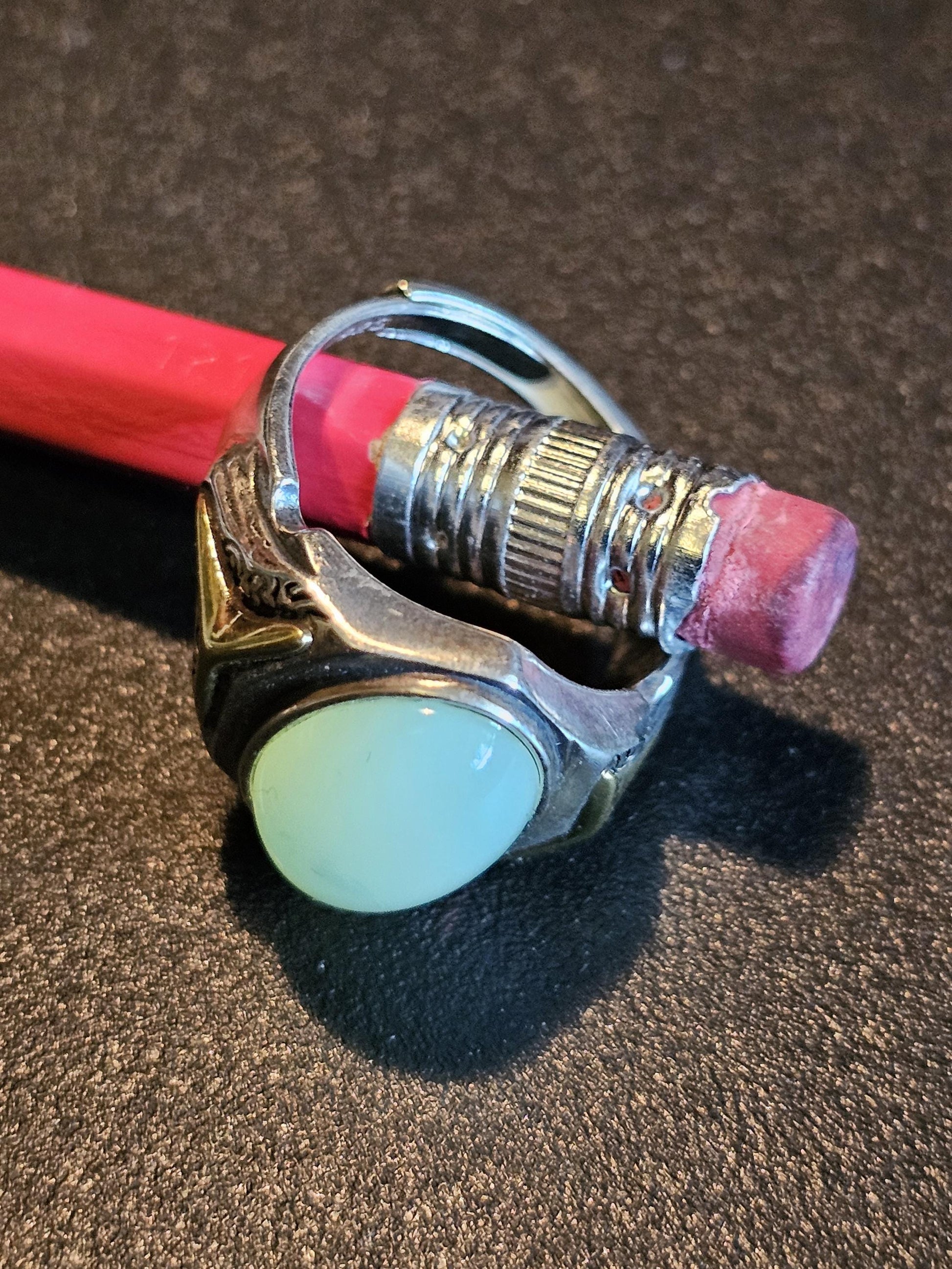 Uranium Glass Men's Ring Adjustable with 14x10 mm vintage Uranium glass Cabochon cut opal colored stone that glows under black / UV light