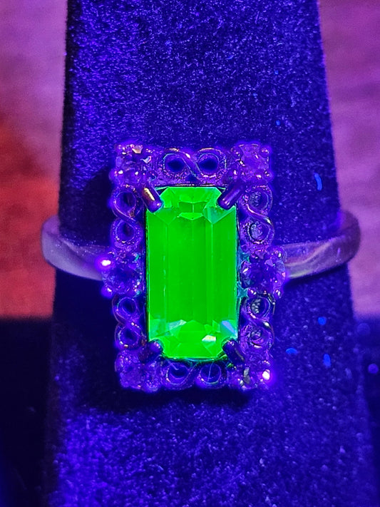 Uranium Glass Baguette cut Ring Art Deco various sizes new Sterling Silver with vintage Uranium glass stones that glows under black/UV light