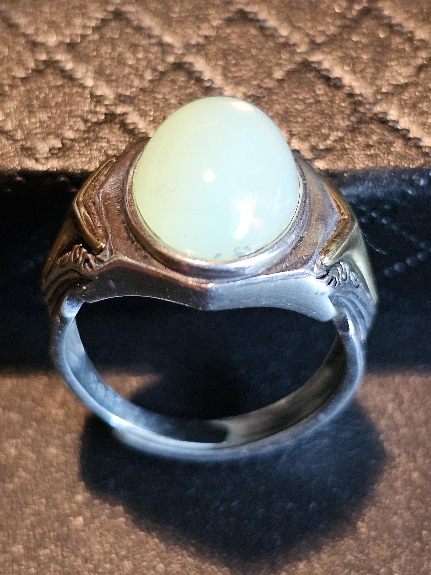 Uranium Glass Men's Ring Adjustable with 14x10 mm vintage Uranium glass Cabochon cut opal colored stone that glows under black / UV light