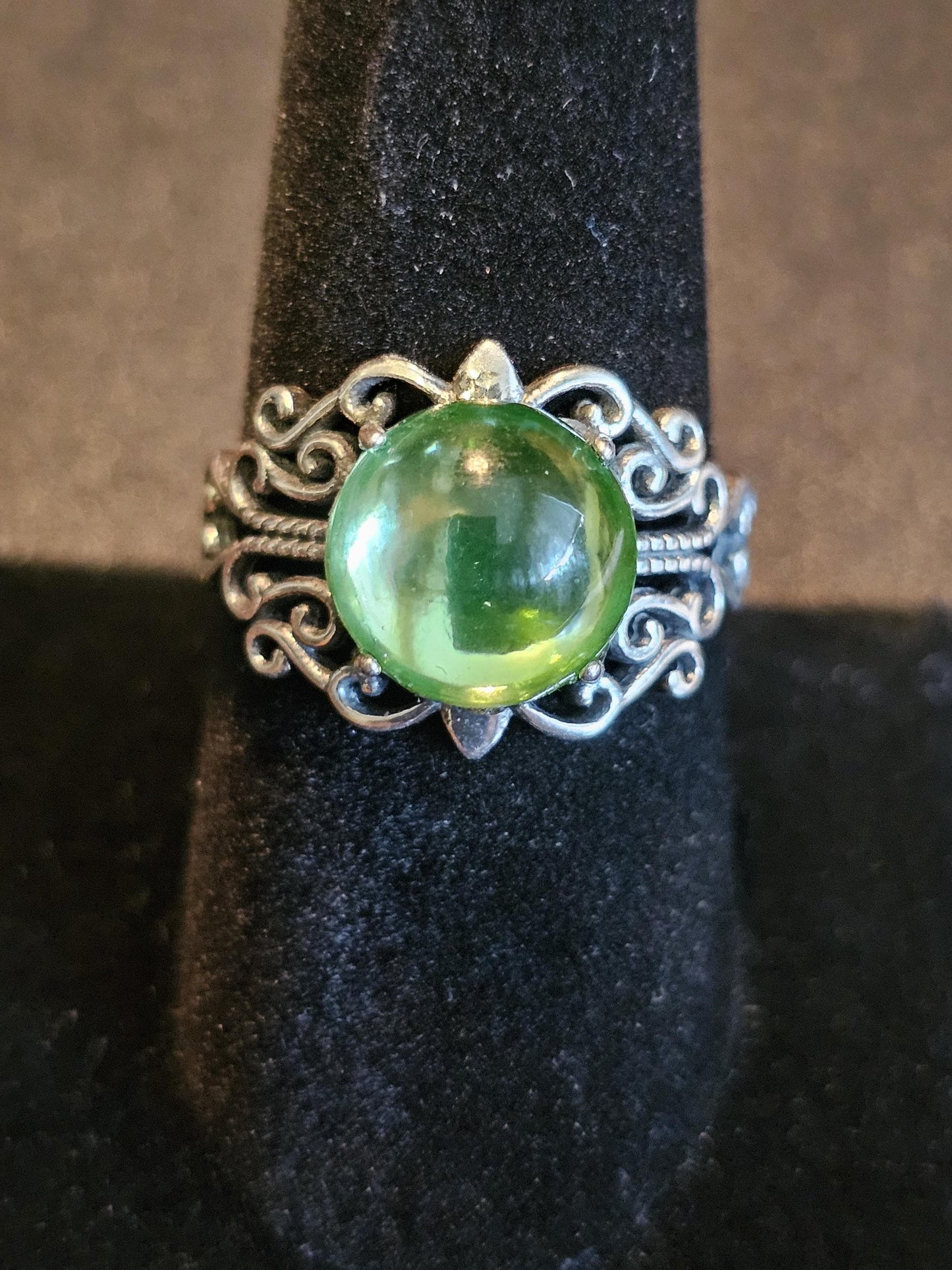 Uranium Glass Adjustable Ring new Sterling Silver with vintage Cabochon cut Round top Uranium glass stone that glows under black / UV light
