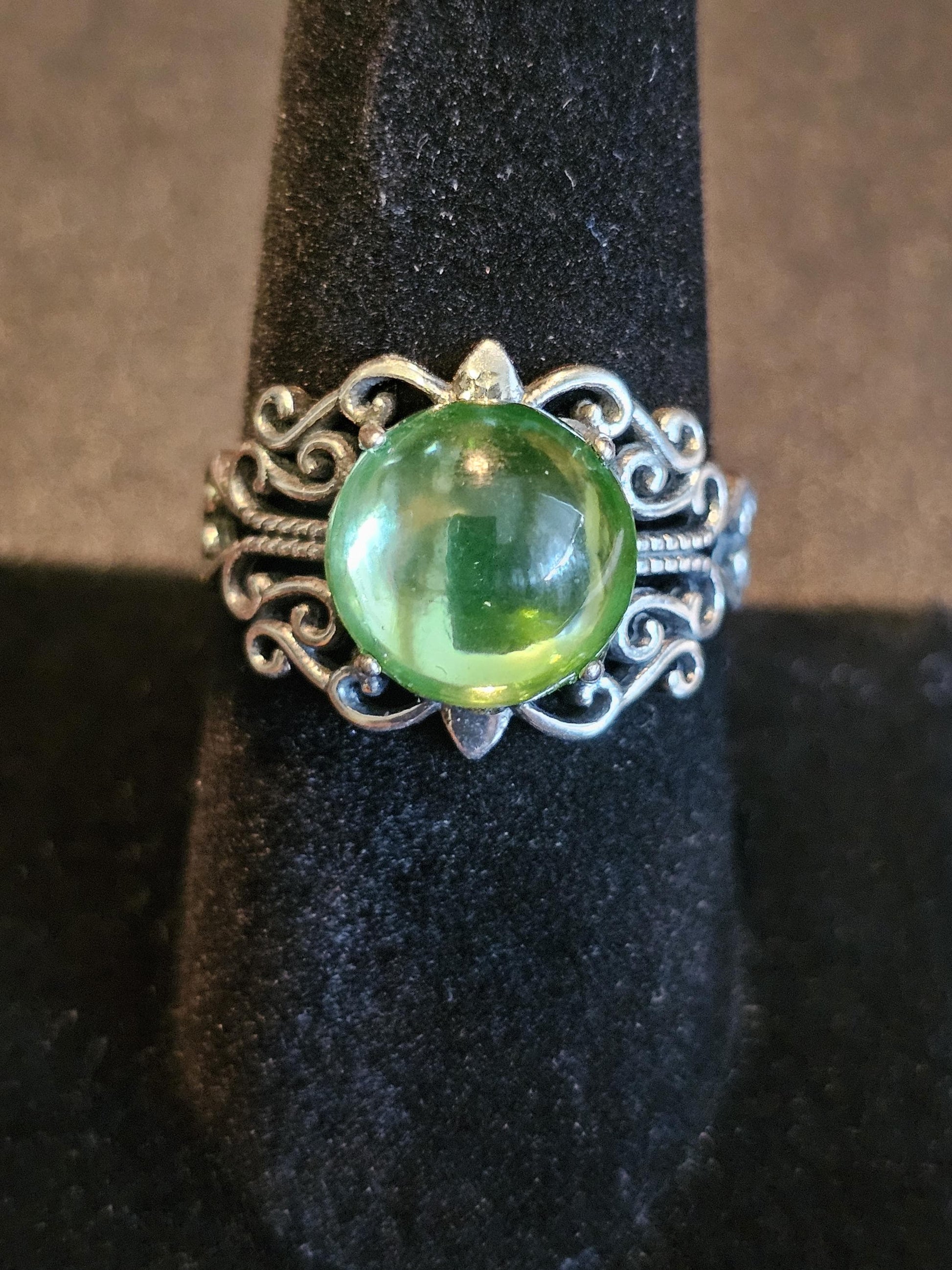 Uranium Glass Adjustable Ring new Sterling Silver with vintage Cabochon cut Round top Uranium glass stone that glows under black / UV light