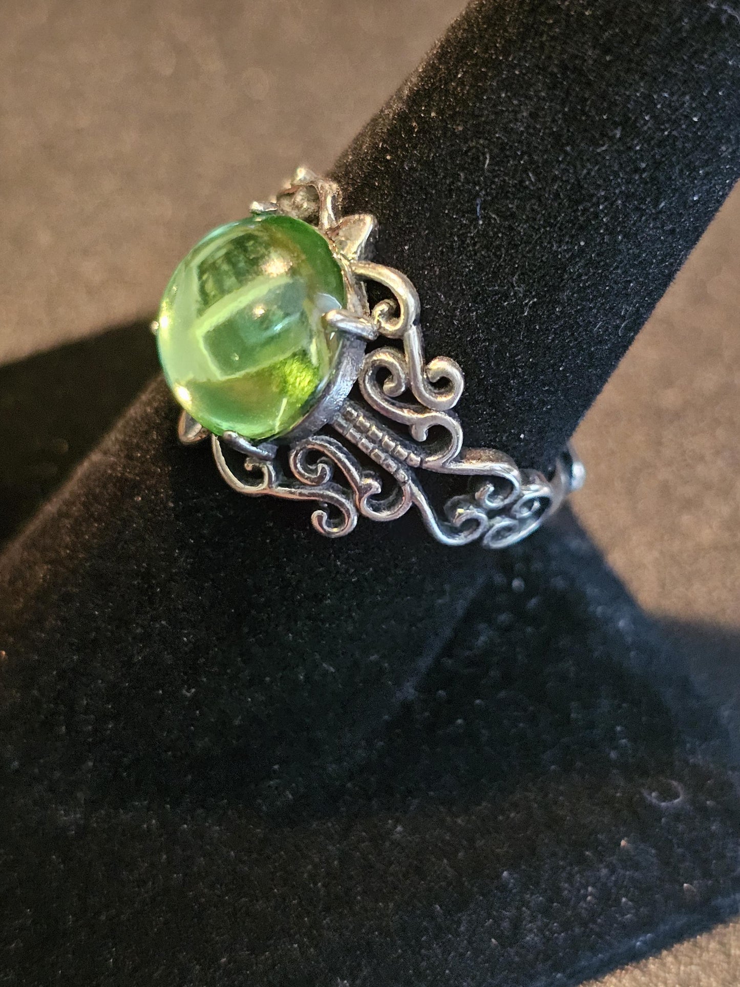 Uranium Glass Adjustable Ring new Sterling Silver with vintage Cabochon cut Round top Uranium glass stone that glows under black / UV light