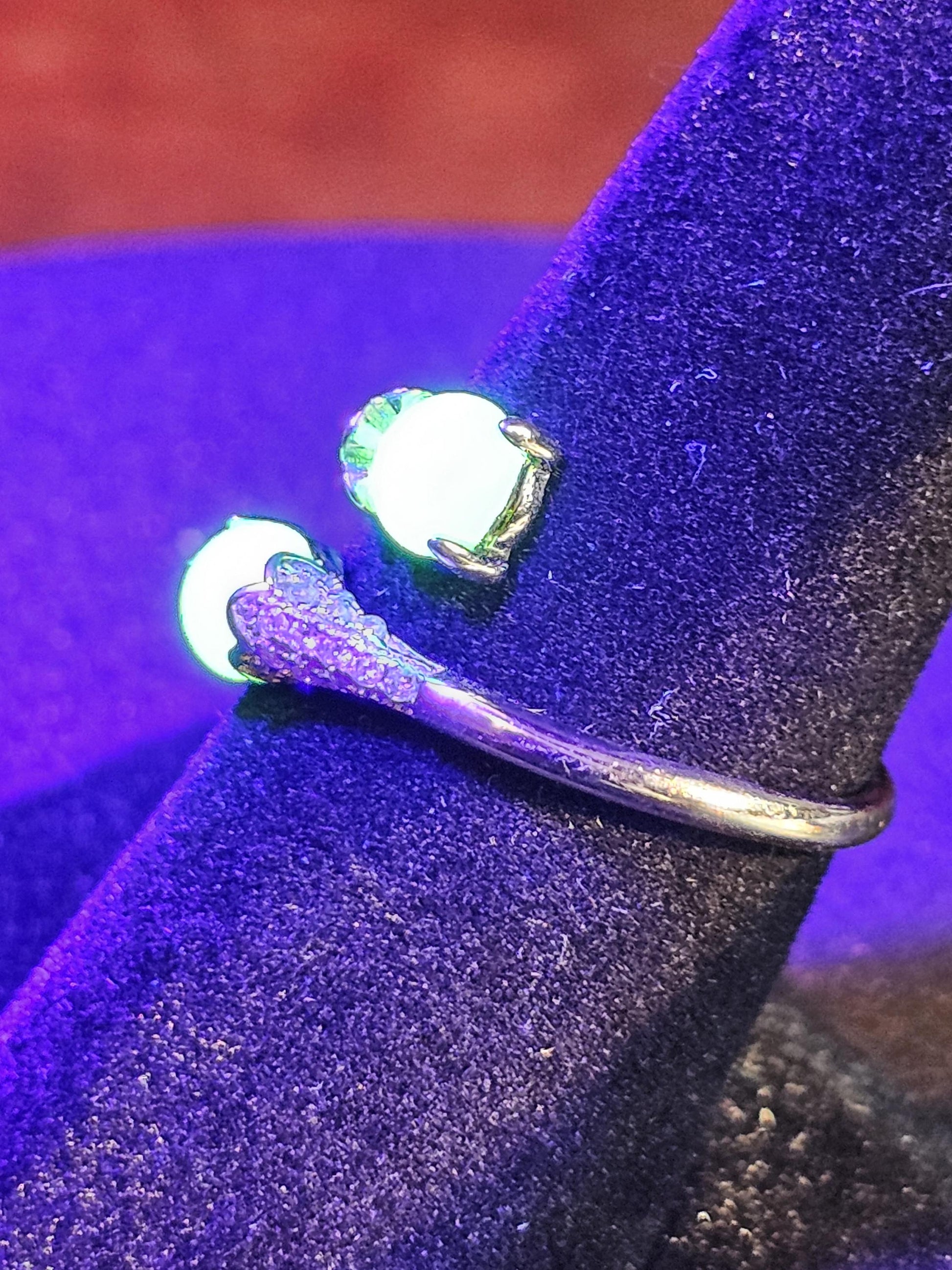 Uranium Glass Adjustable Ring new Sterling Silver Round cut 5 mm opal colored vintage Uranium glass stones glows under black / UV light