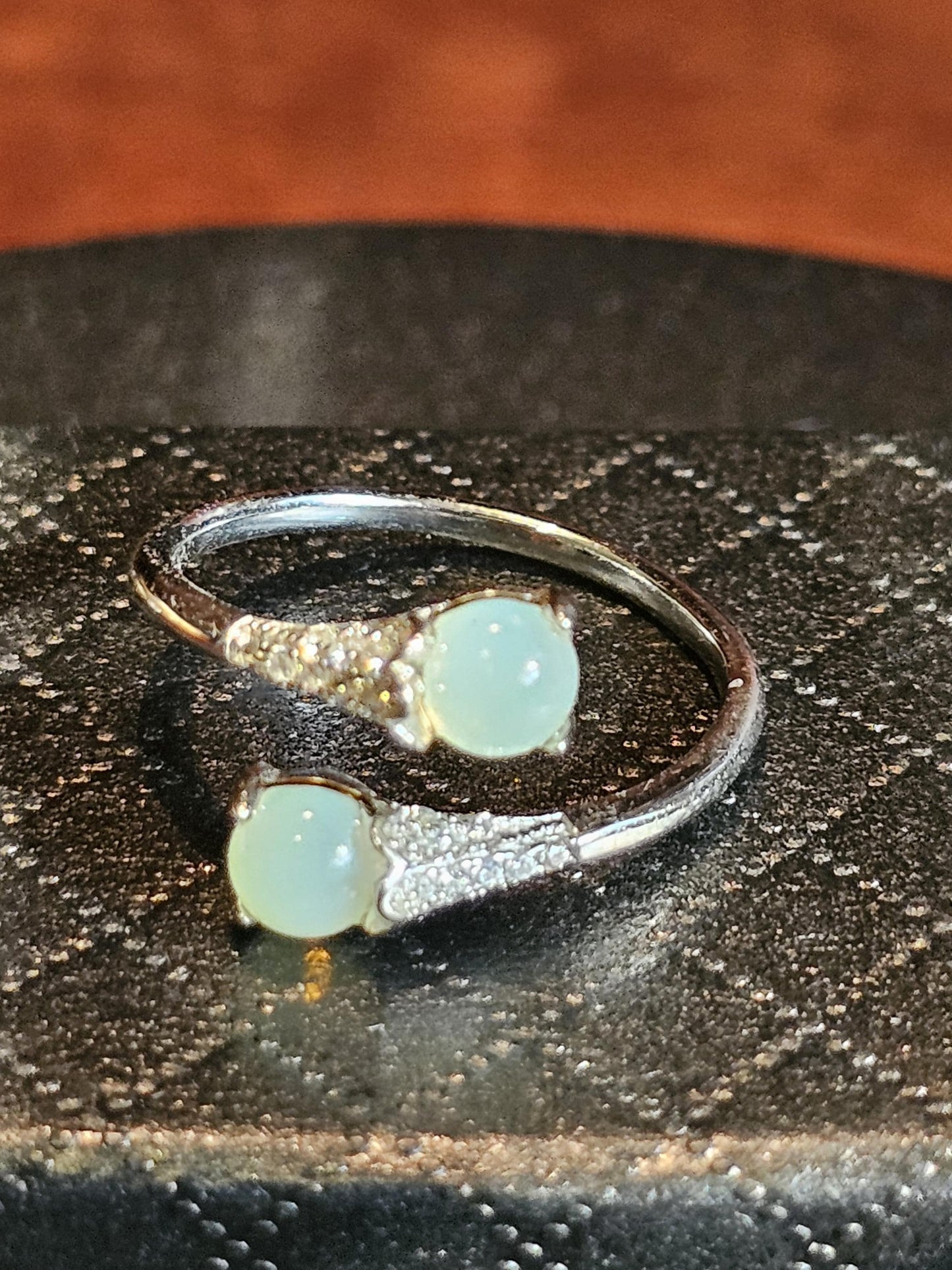 Uranium Glass Adjustable Ring new Sterling Silver Round cut 5 mm opal colored vintage Uranium glass stones glows under black / UV light