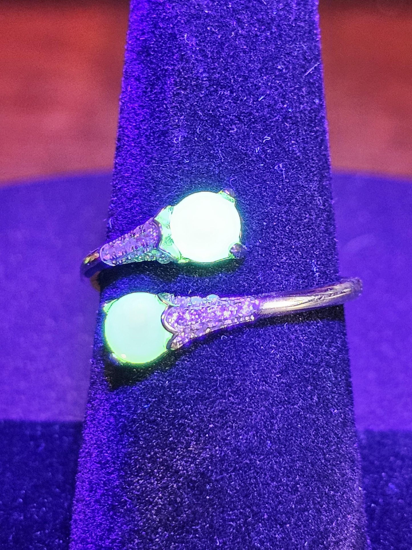 Uranium Glass Adjustable Ring new Sterling Silver Round cut 5 mm opal colored vintage Uranium glass stones glows under black / UV light