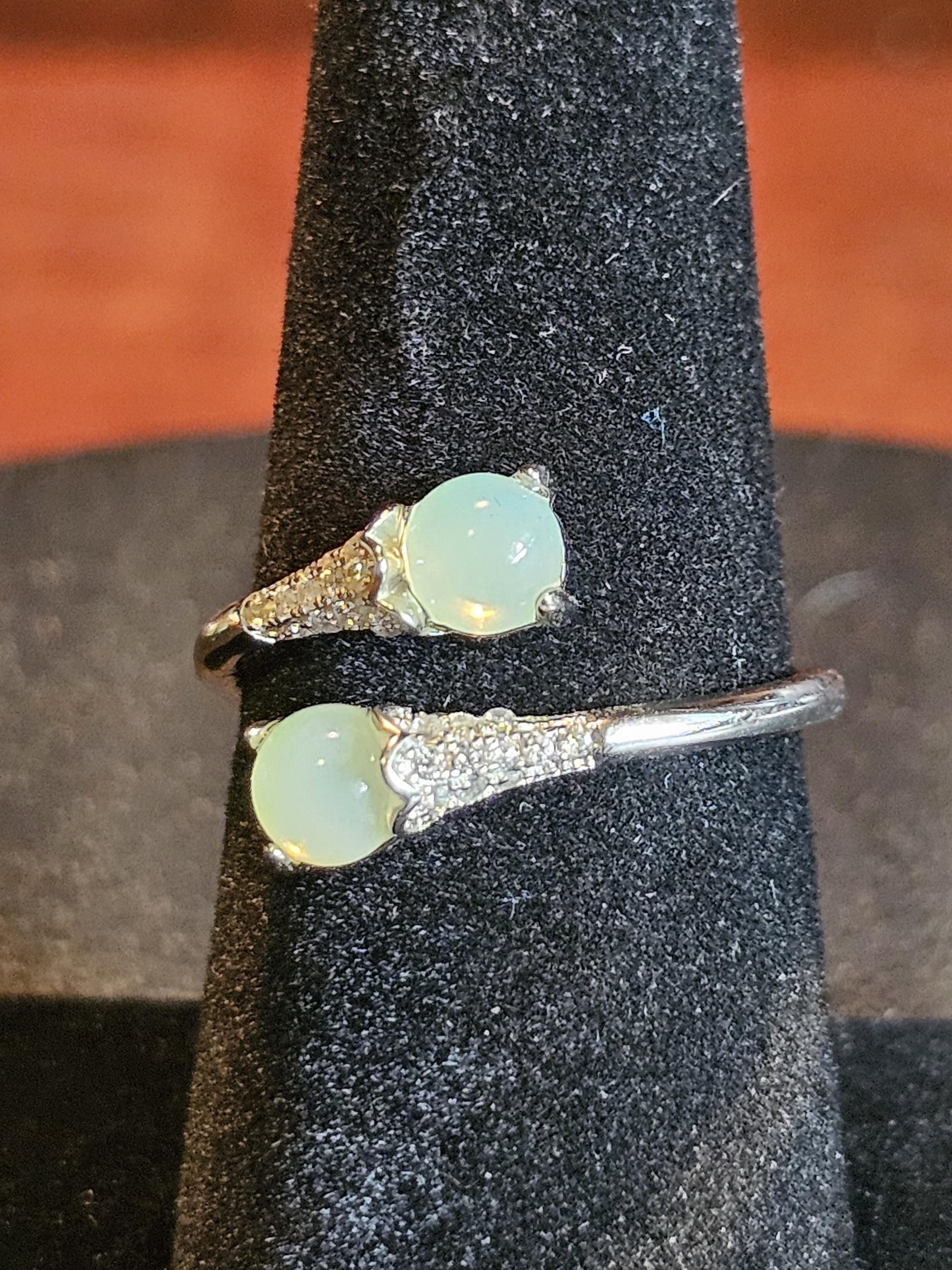 Uranium Glass Adjustable Ring new Sterling Silver Round cut 5 mm opal colored vintage Uranium glass stones glows under black / UV light