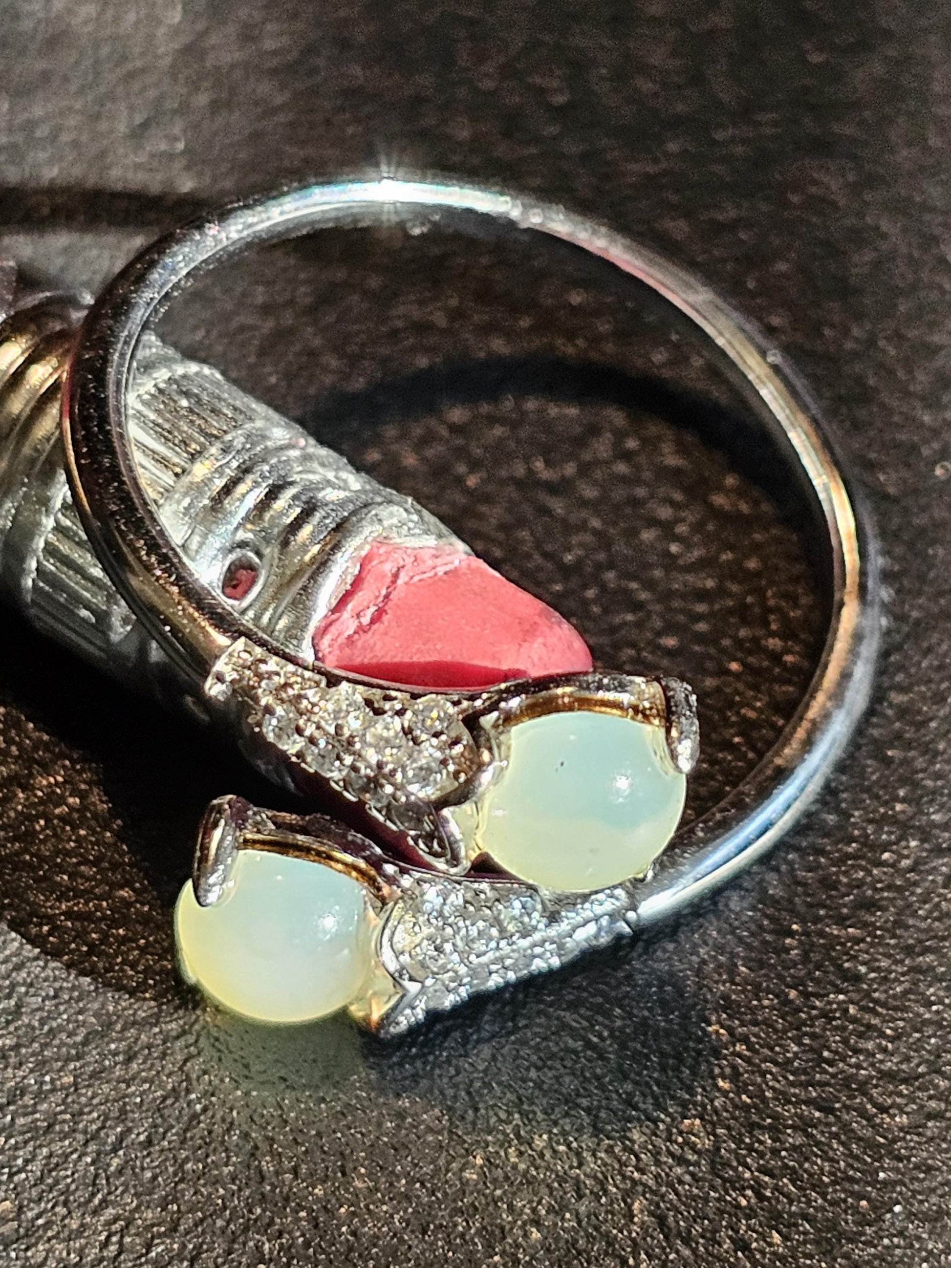 Uranium Glass Adjustable Ring new Sterling Silver Round cut 5 mm opal colored vintage Uranium glass stones glows under black / UV light