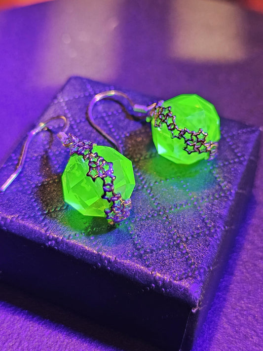 Uranium Glass Earrings with  large vintage 12mm round cut Uranium Glass beads in new Sterling Silver that glow under black / UV light