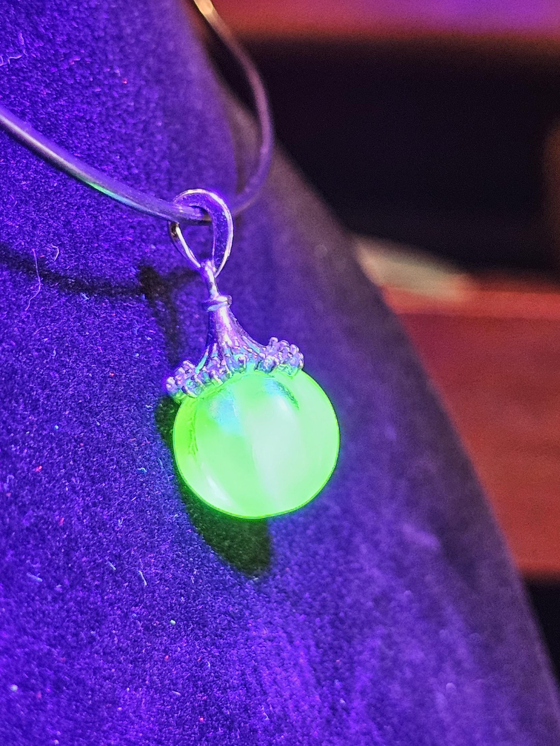 Uranium Glass Pendant in new Sterling Silver with a vintage 12 mm round Uranium Glass bead that glows under black / UV light