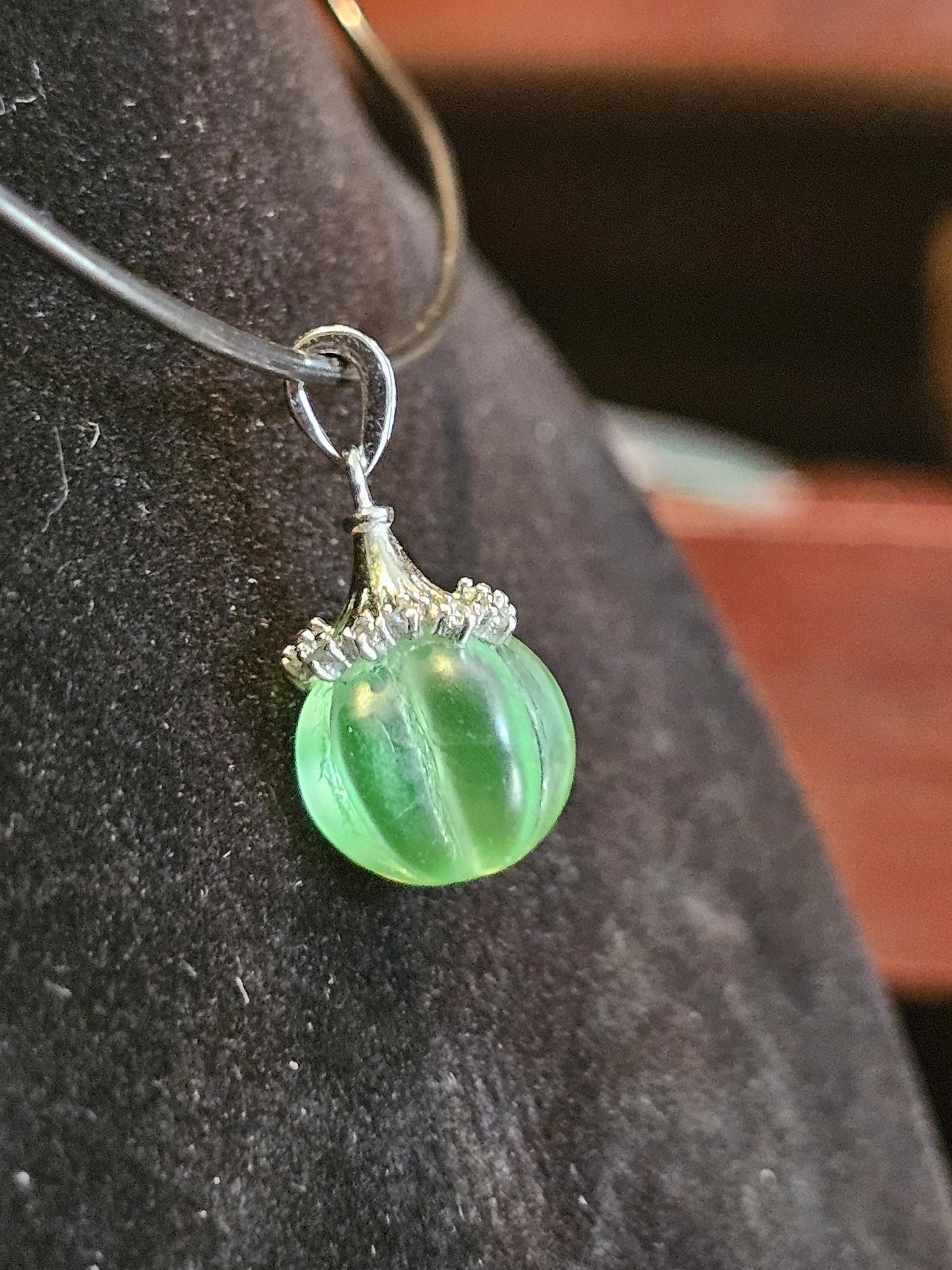 Uranium Glass Pendant in new Sterling Silver with a vintage 12 mm round Uranium Glass bead that glows under black / UV light