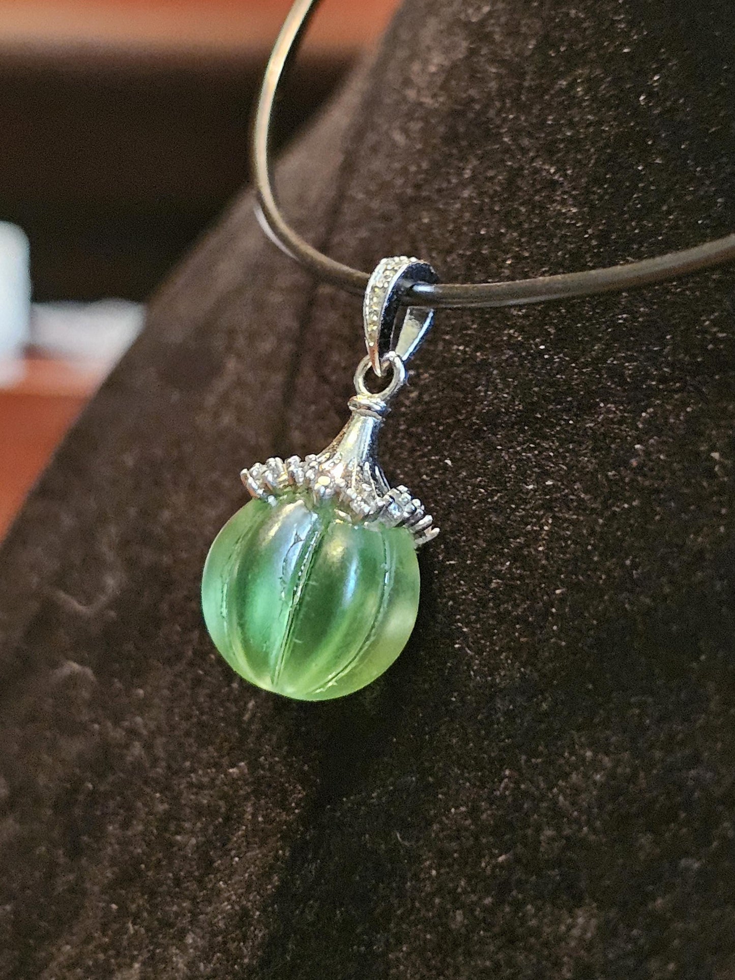 Uranium Glass Pendant in new Sterling Silver with a vintage 12 mm round Uranium Glass bead that glows under black / UV light