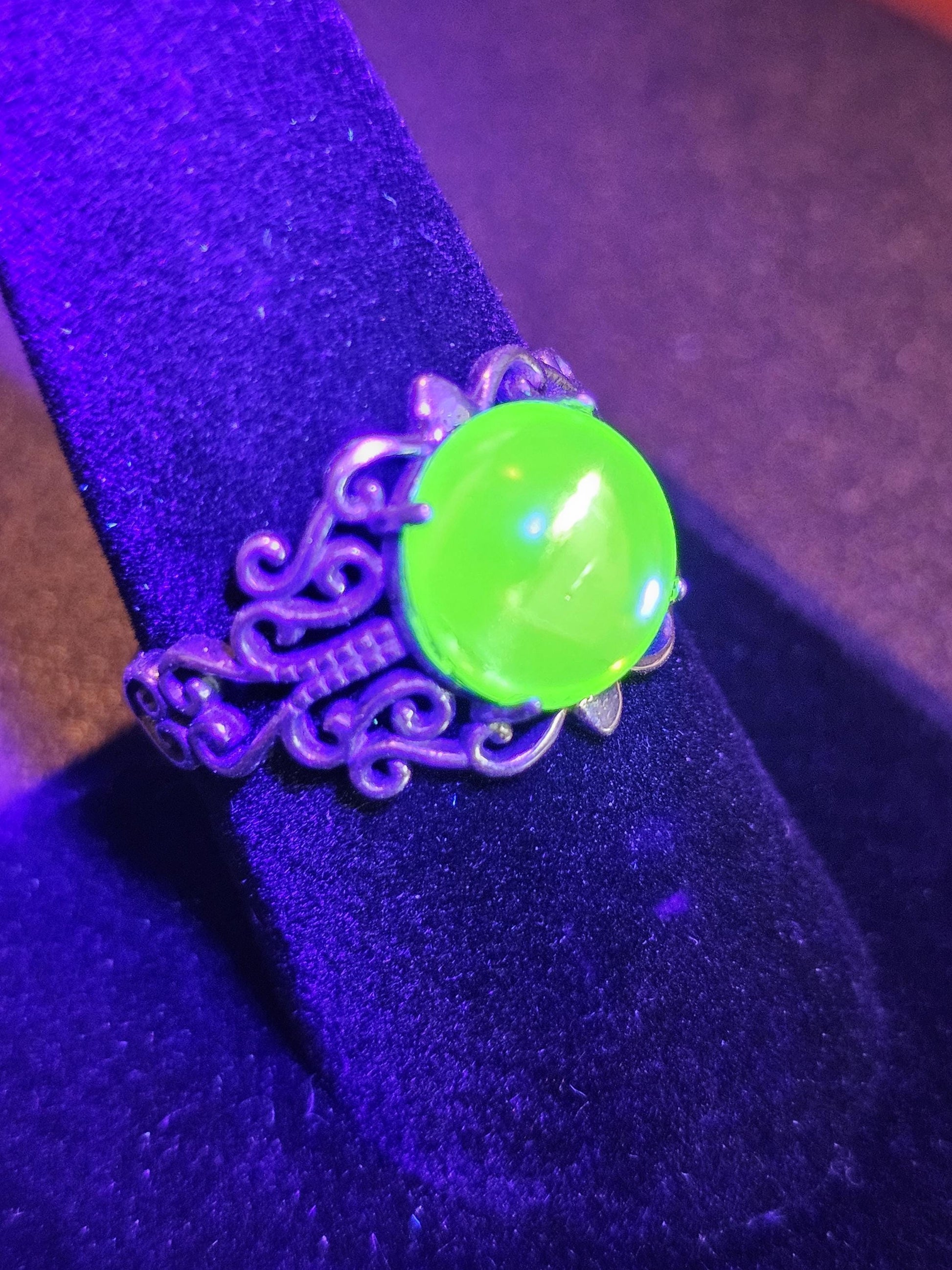 Uranium Glass Adjustable Ring new Sterling Silver with vintage Cabochon cut Round top Uranium glass stone that glows under black / UV light
