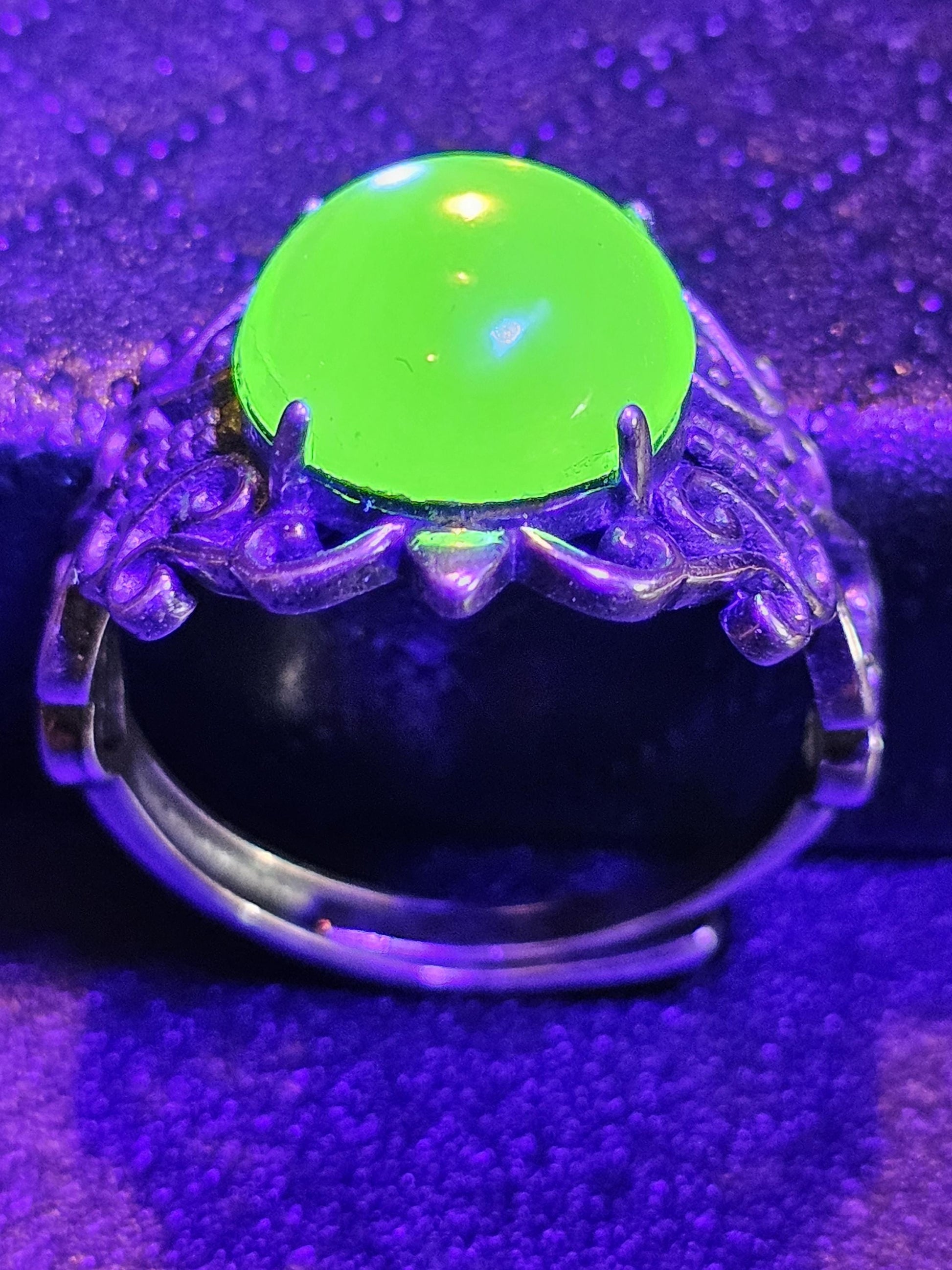 Uranium Glass Adjustable Ring new Sterling Silver with vintage Cabochon cut Round top Uranium glass stone that glows under black / UV light