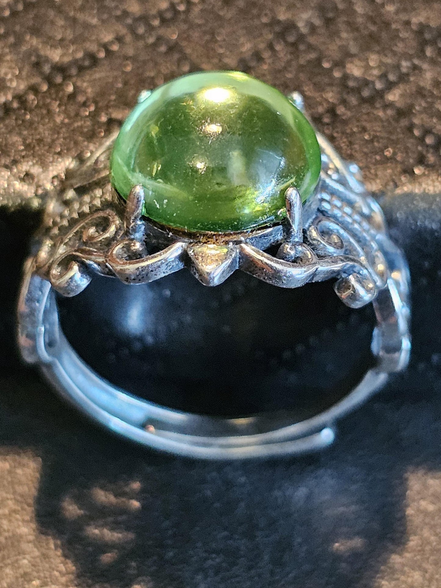 Uranium Glass Adjustable Ring new Sterling Silver with vintage Cabochon cut Round top Uranium glass stone that glows under black / UV light