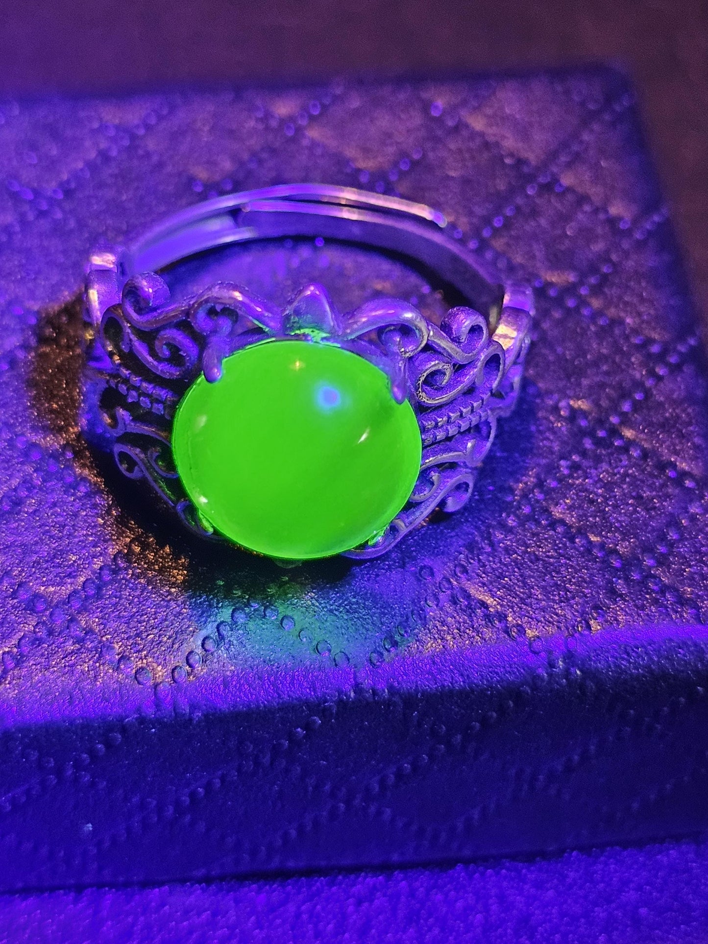 Uranium Glass Adjustable Ring new Sterling Silver with vintage Cabochon cut Round top Uranium glass stone that glows under black / UV light