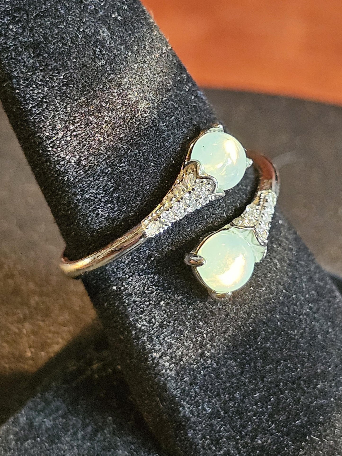 Uranium Glass Adjustable Ring new Sterling Silver Round cut 5 mm opal colored vintage Uranium glass stones glows under black / UV light