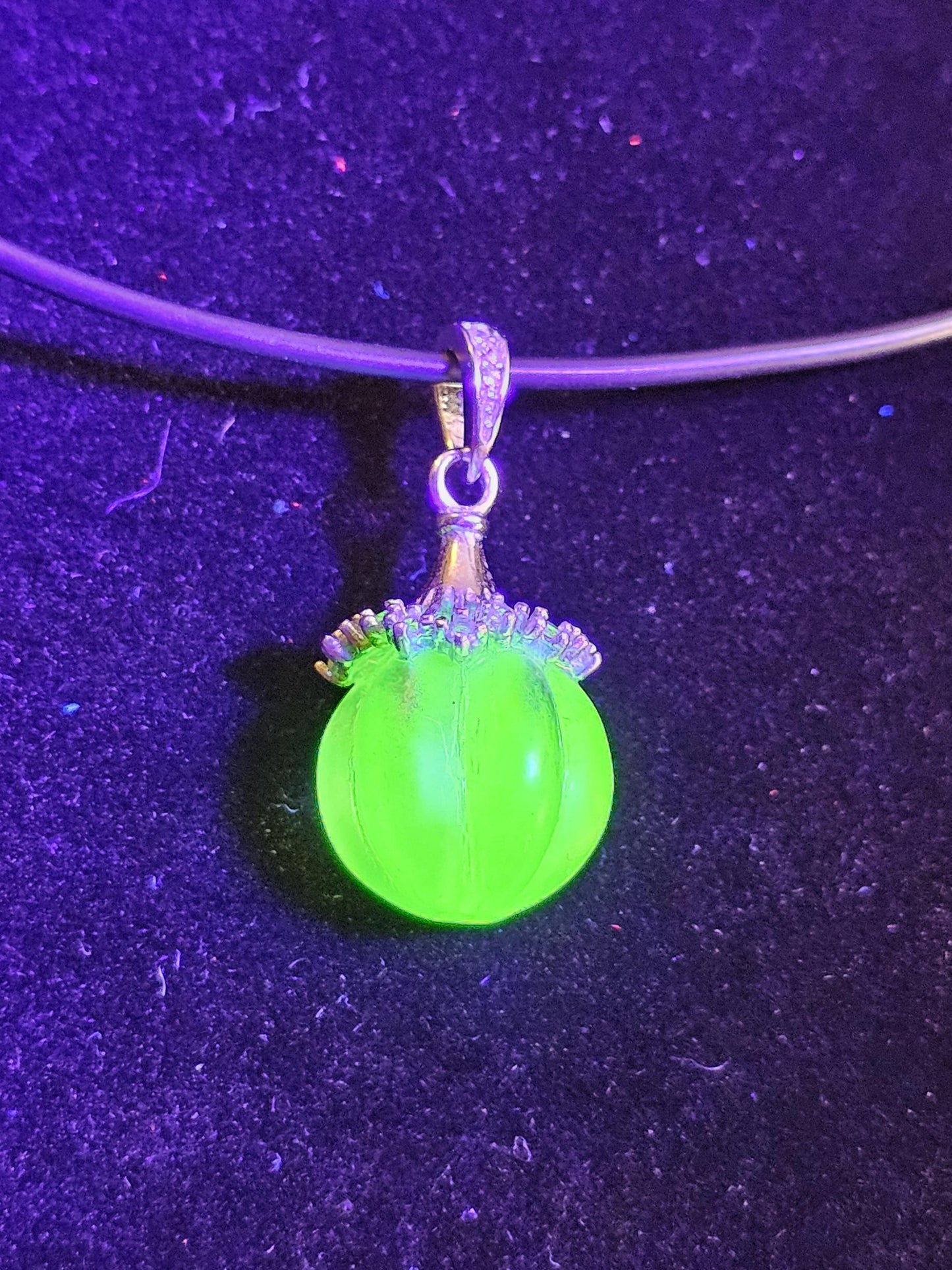 Uranium Glass Pendant in new Sterling Silver with a vintage 12 mm round Uranium Glass bead that glows under black / UV light