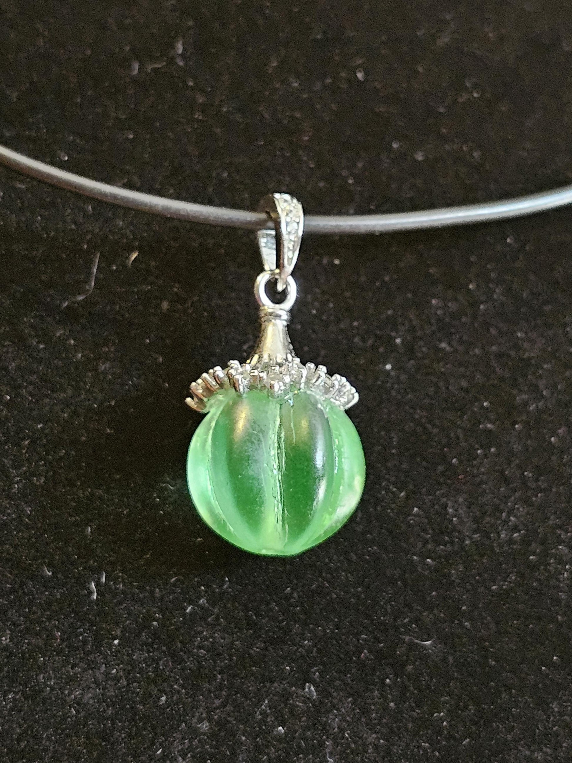 Uranium Glass Pendant in new Sterling Silver with a vintage 12 mm round Uranium Glass bead that glows under black / UV light