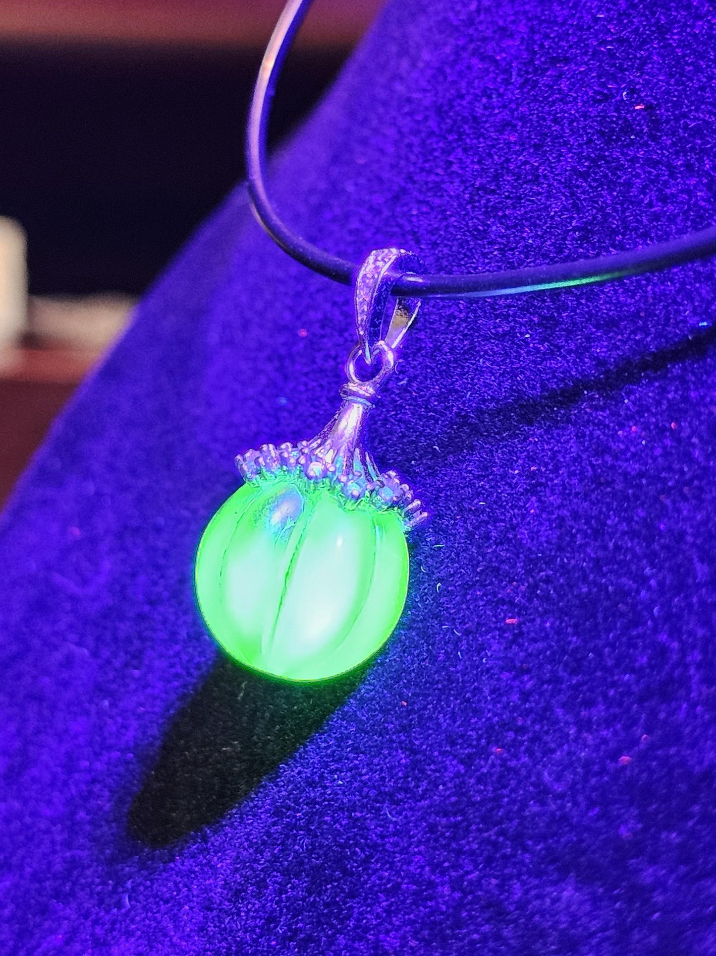 Uranium Glass Pendant in new Sterling Silver with a vintage 12 mm round Uranium Glass bead that glows under black / UV light