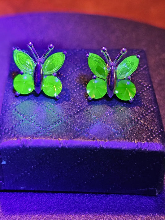 Uranium Glass Earrings in new Sterling Silver butterfly design with Vintage Uranium Glass stones, glows under black/UV light