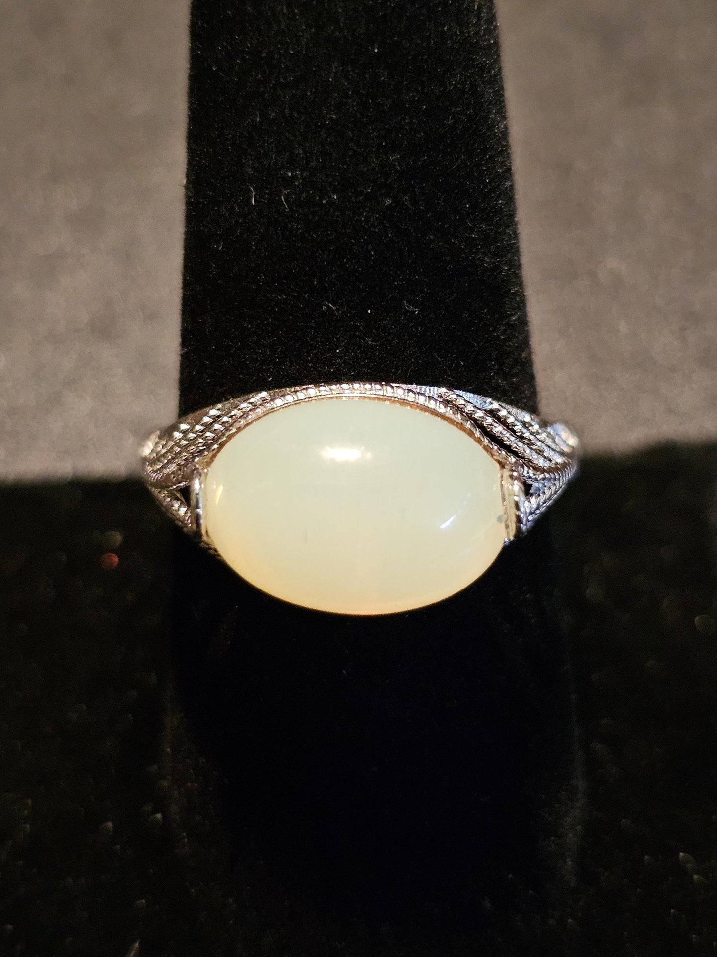 Uranium Glass Adjustable Ring new Sterling Silver with vintage smooth top Opal colored Uranium glass Oval stone glows under black / UV ligh