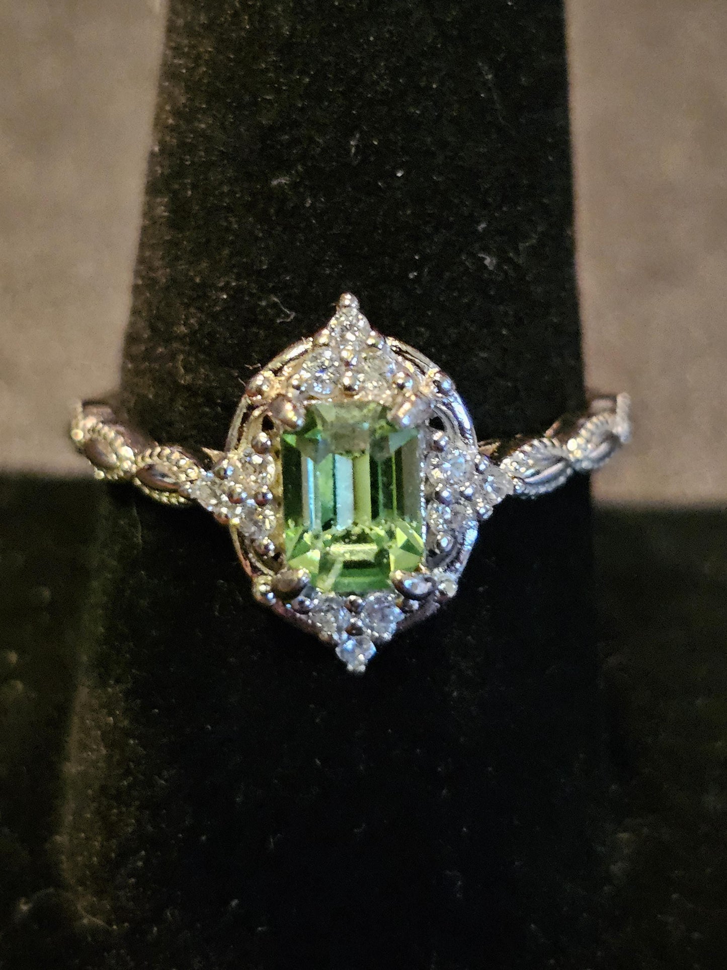 Uranium Glass Emerald cut Ring size 5 to 12 new Sterling Silver with a vintage 7x5 mm Uranium glass stone that glows under black / UV light