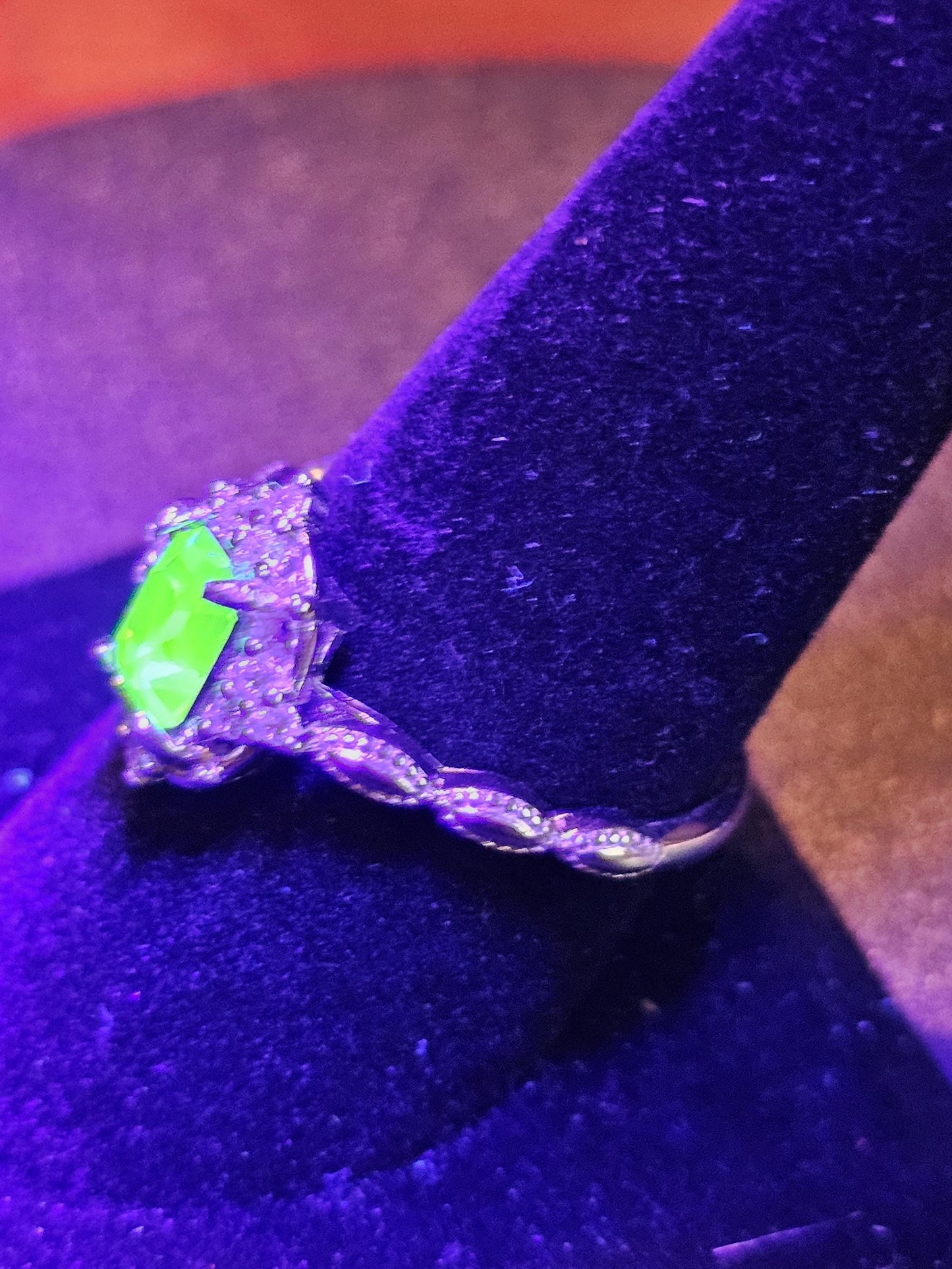 Uranium Glass Emerald cut Ring size 5 to 12 new Sterling Silver with a vintage 7x5 mm Uranium glass stone that glows under black / UV light