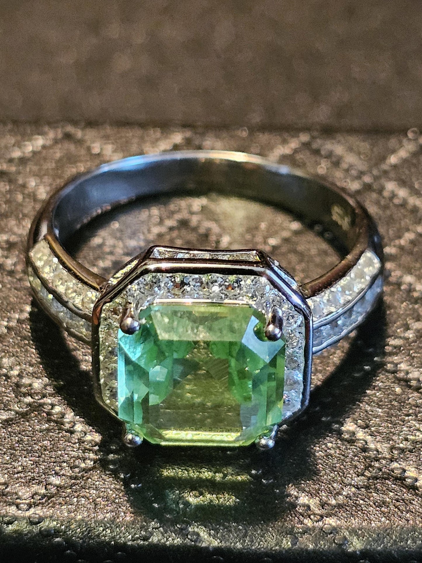 Uranium Glass Asscher cut Ring size 9.5 new Sterling Silver large vintage Uranium glass Square stone that glows under black / UV light